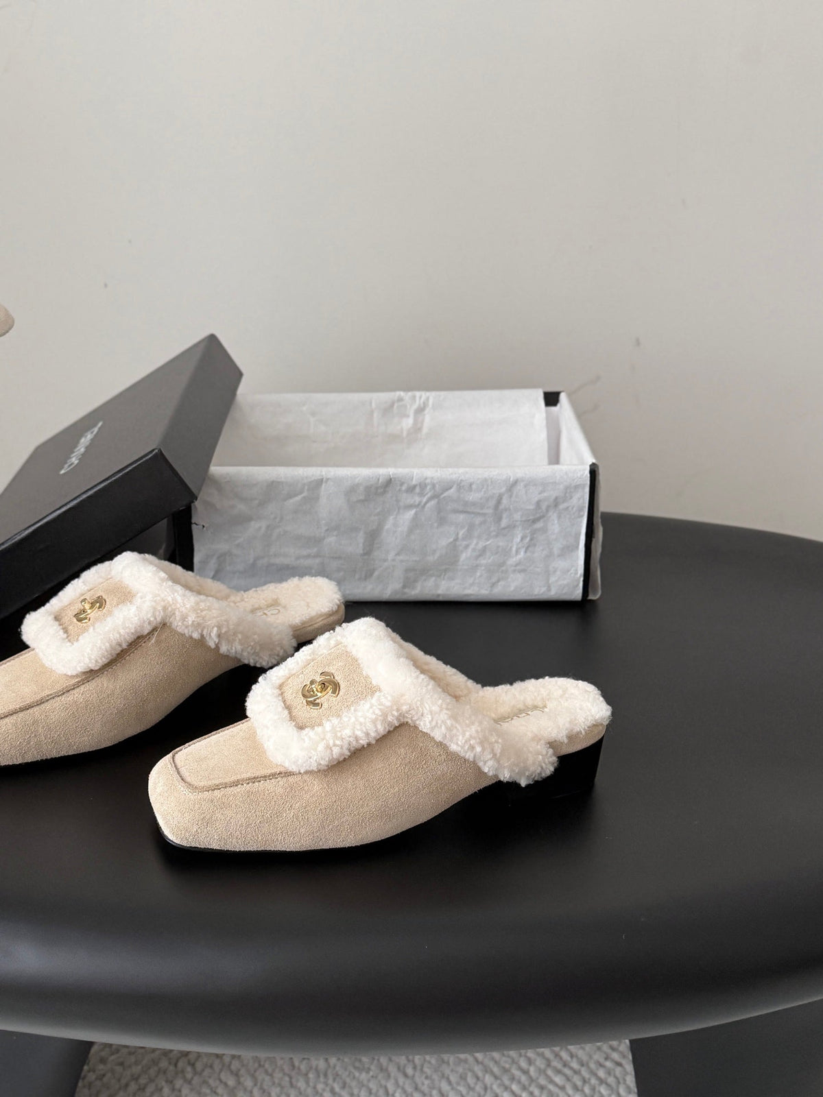 CC 26s Shearling Trim Suede Mules Beige Gold 127805