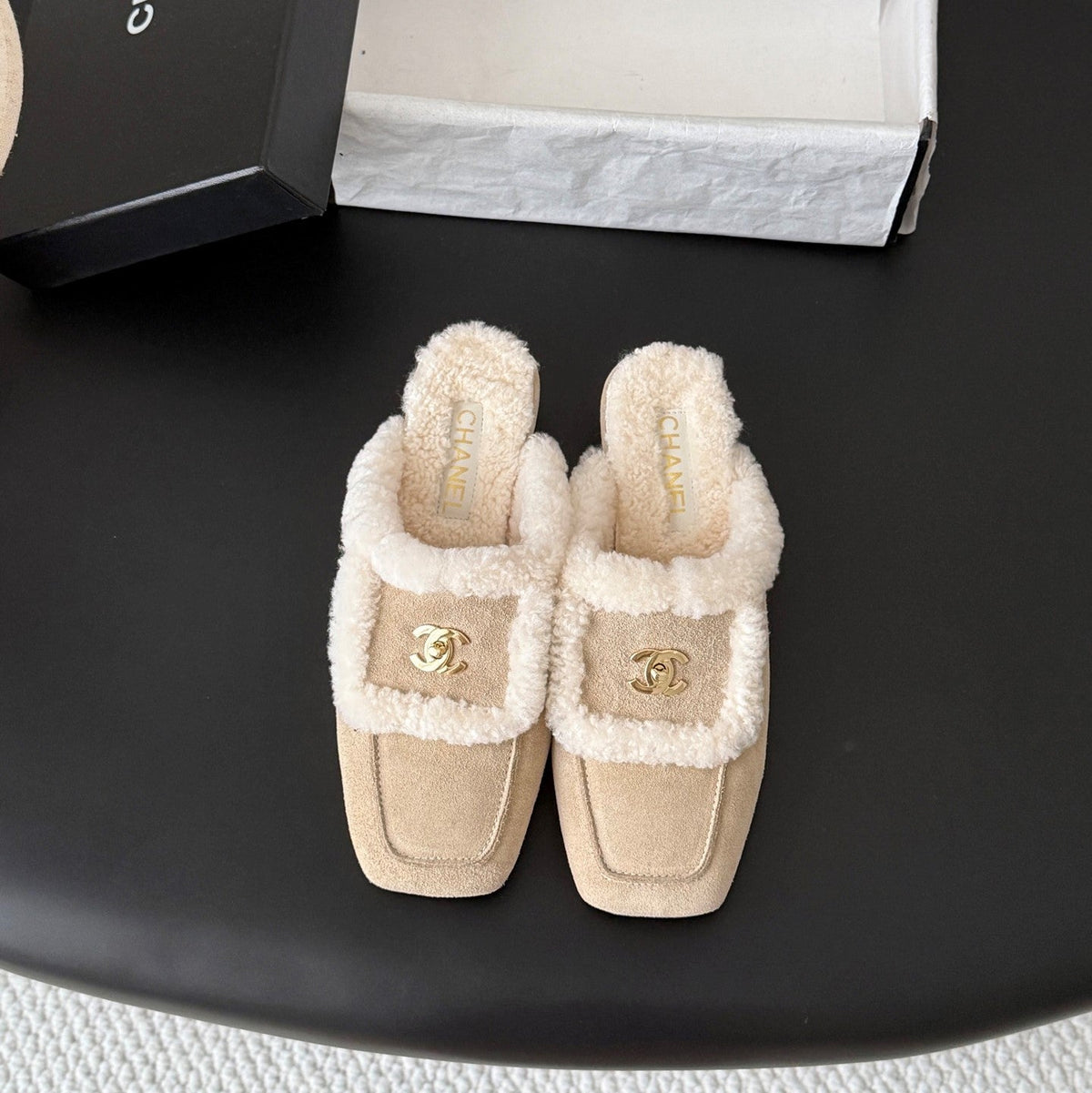 CC 26s Shearling Trim Suede Mules Beige Gold 127805