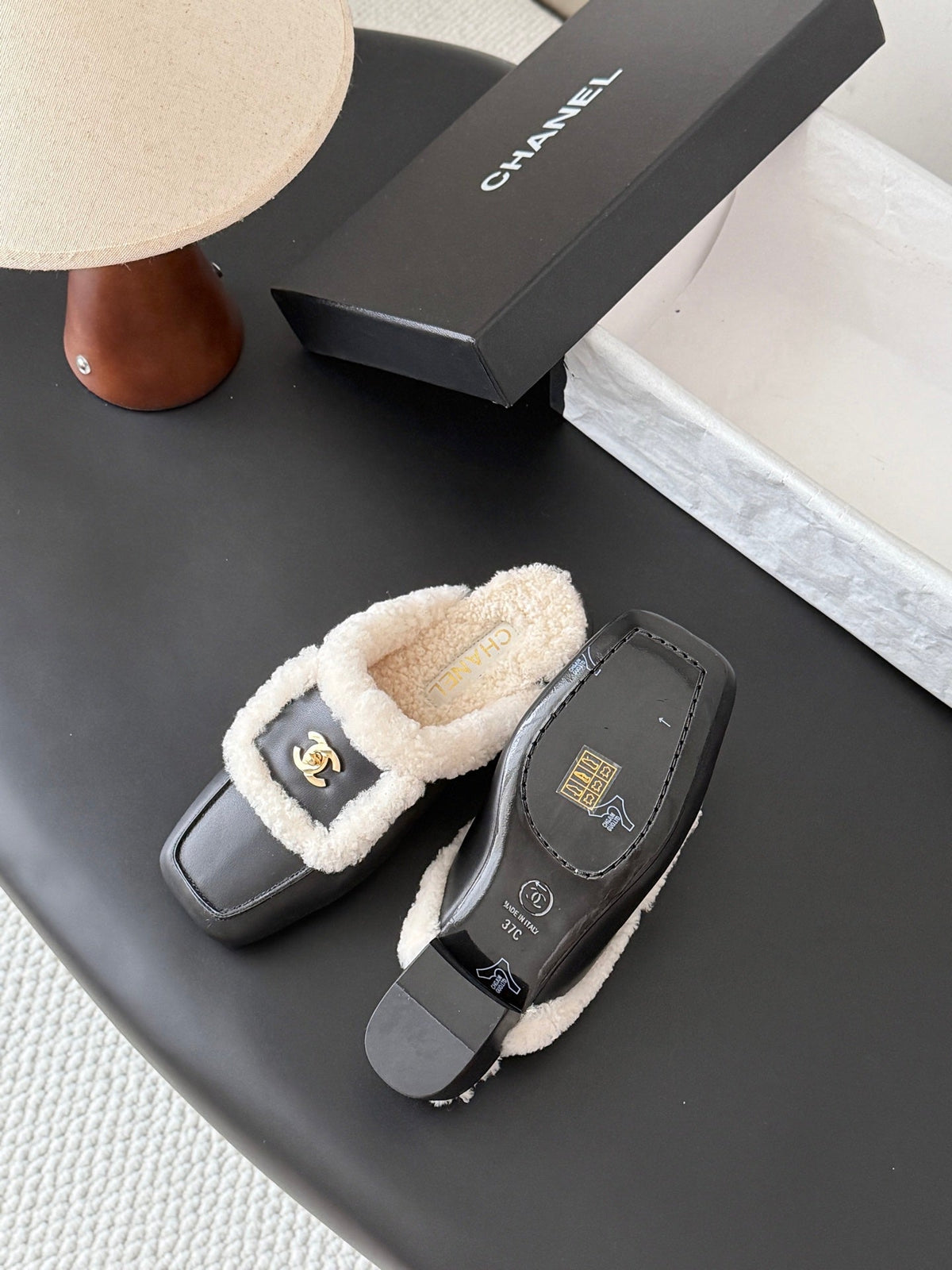 CC 26s Shearling Trim Leather Mules Black Gold 127806