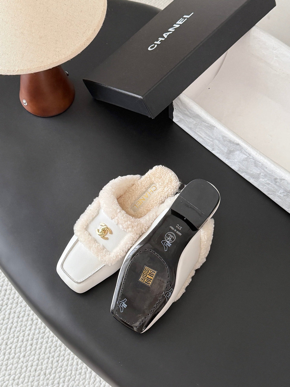CC 26s Shearling Trim Leather Mules White Gold 127807