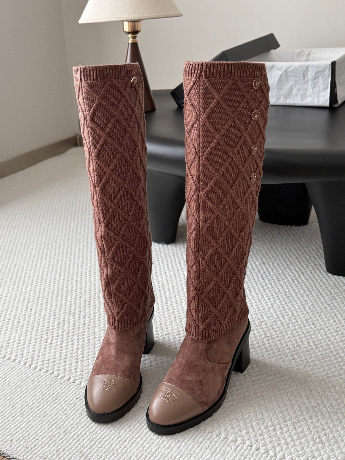 CC 26s Knit Leg Warmer Knee High Boots Brown Suede 127817