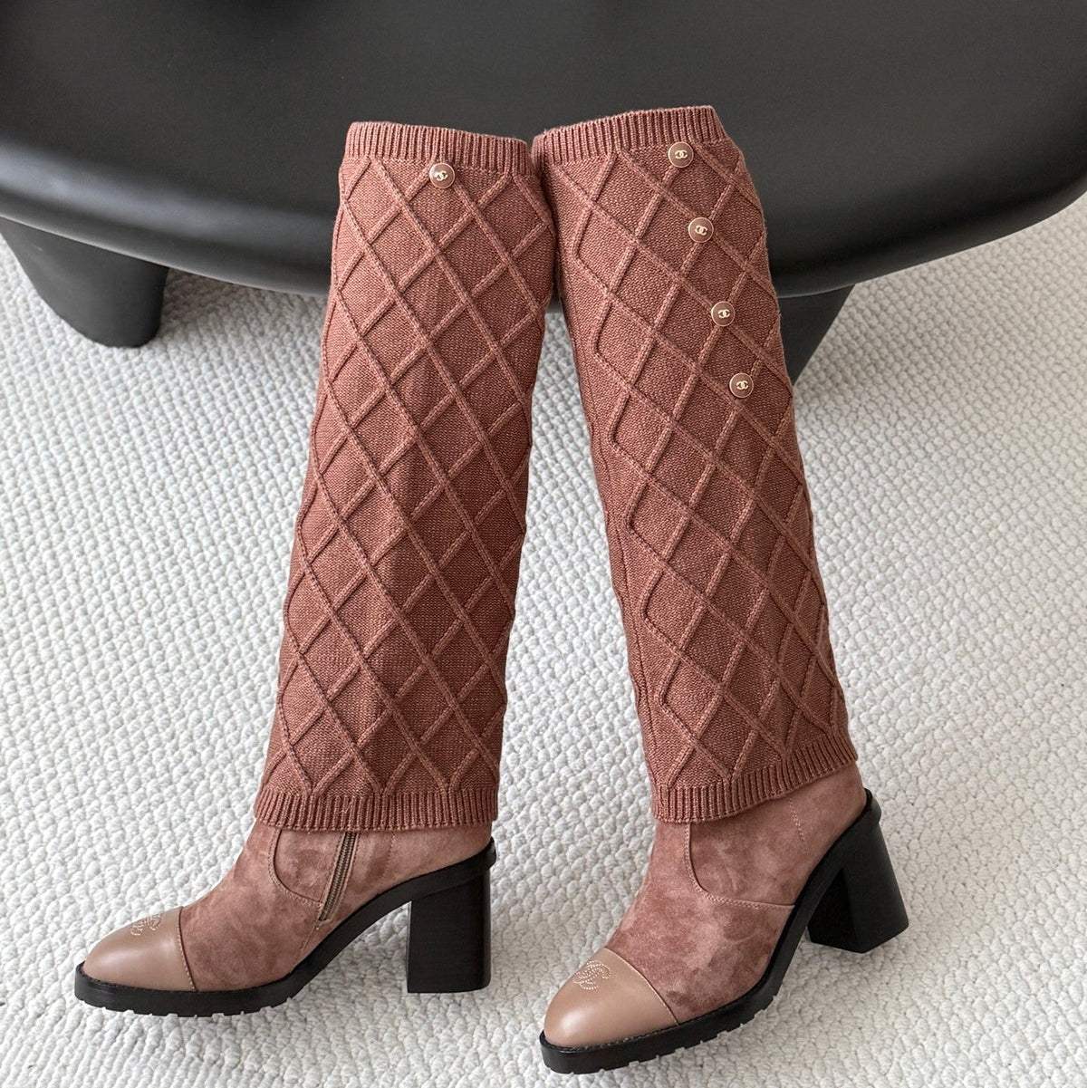 CC 26s Knit Leg Warmer Knee High Boots Brown Suede 127817