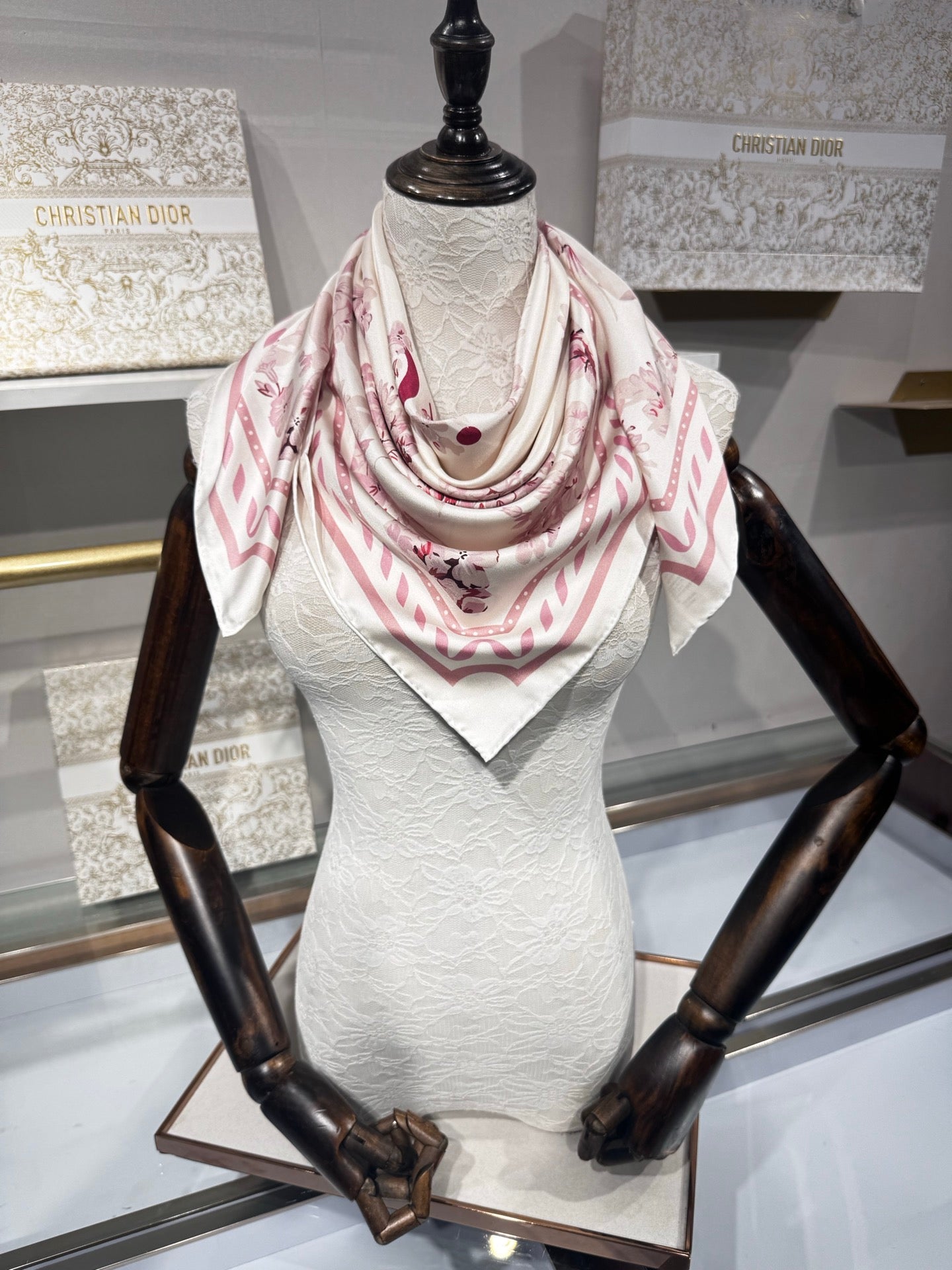 CD Jouy Scarf 90x90cm Light Pink White Silk Twill 209845
