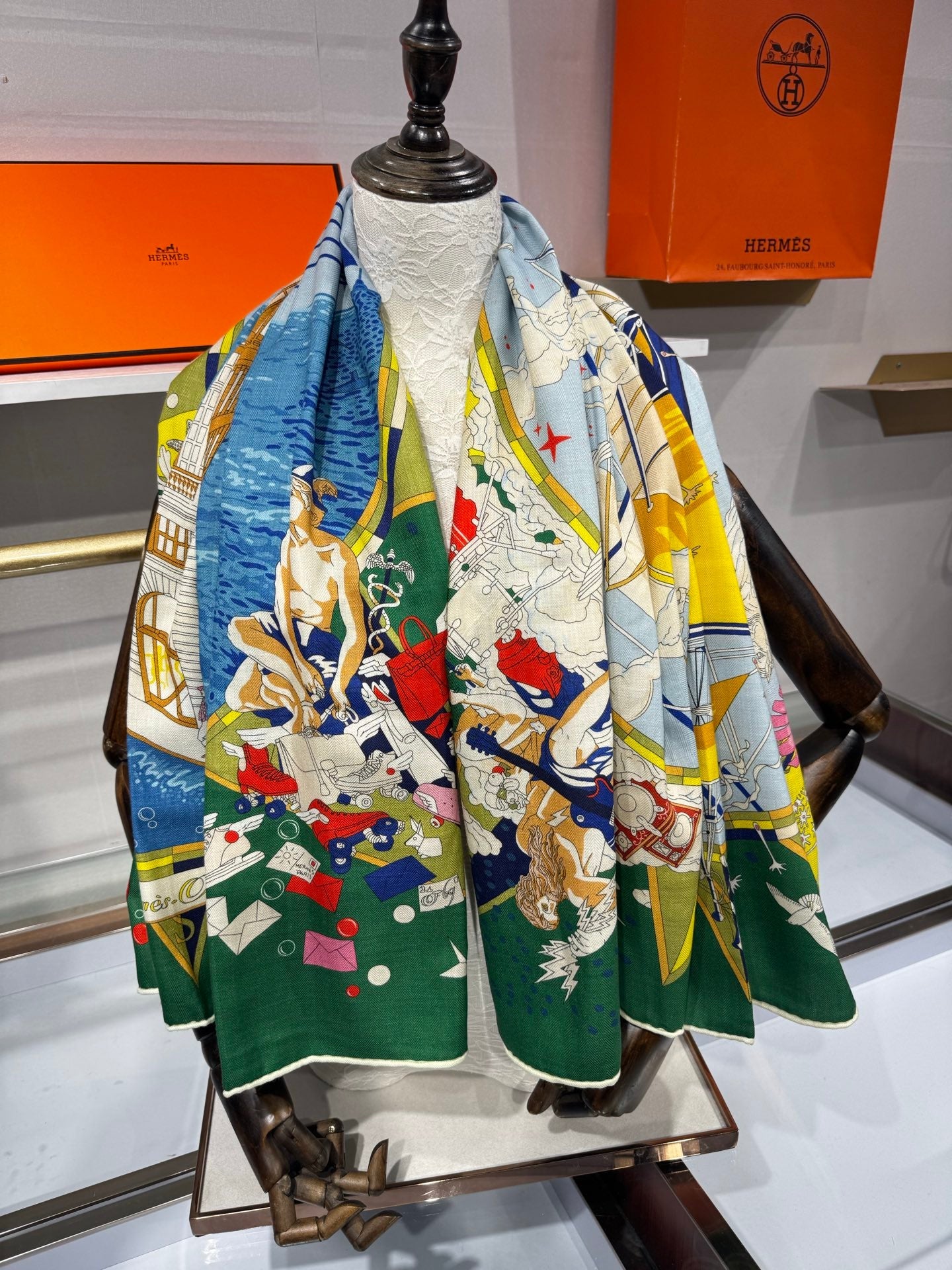 Hermès Flagship Shawl 140x140cm Blue Colorful Cashmere Silk 212375