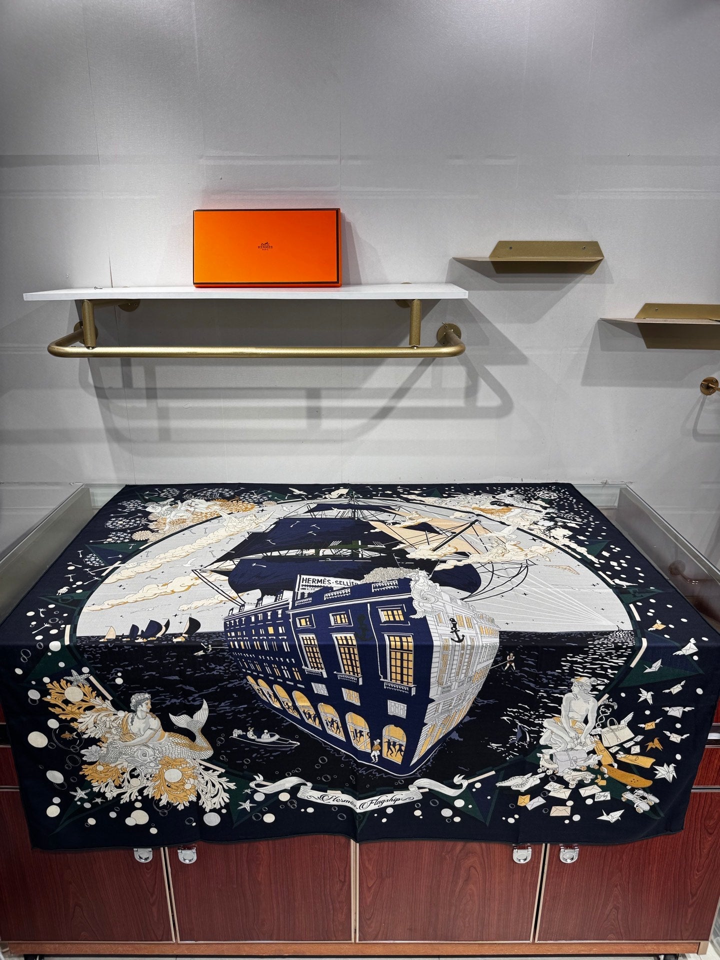 Hermès Flagship Shawl 140x140cm Dark Blue Colorful Cashmere Silk 212377