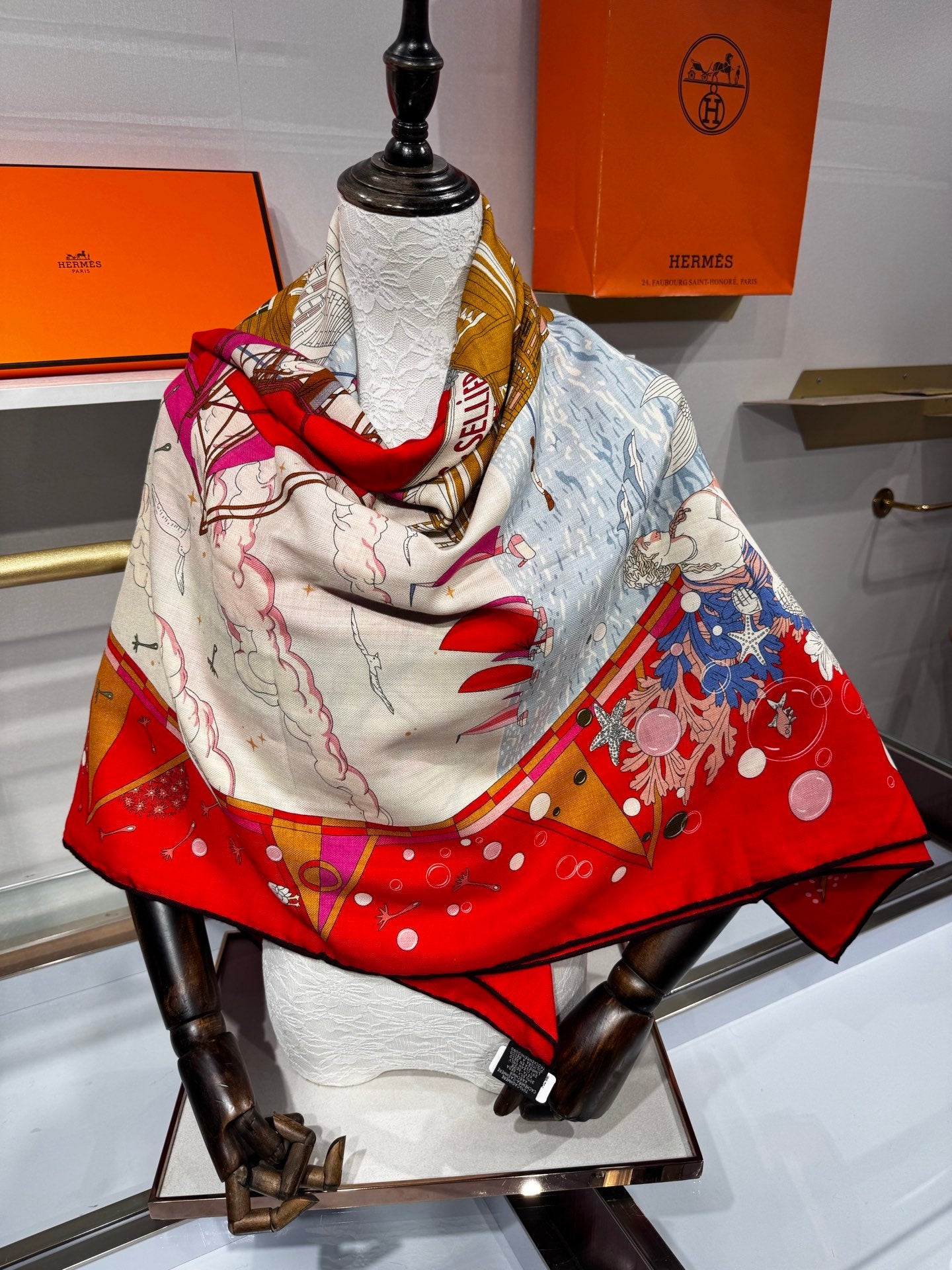 Hermès Flagship Shawl 140x140cm Red Colorful Cashmere Silk 212381