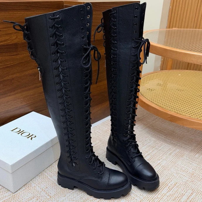 Dior 2026 Diorebel Knee-High Combat Boots Black Cowhide 973977