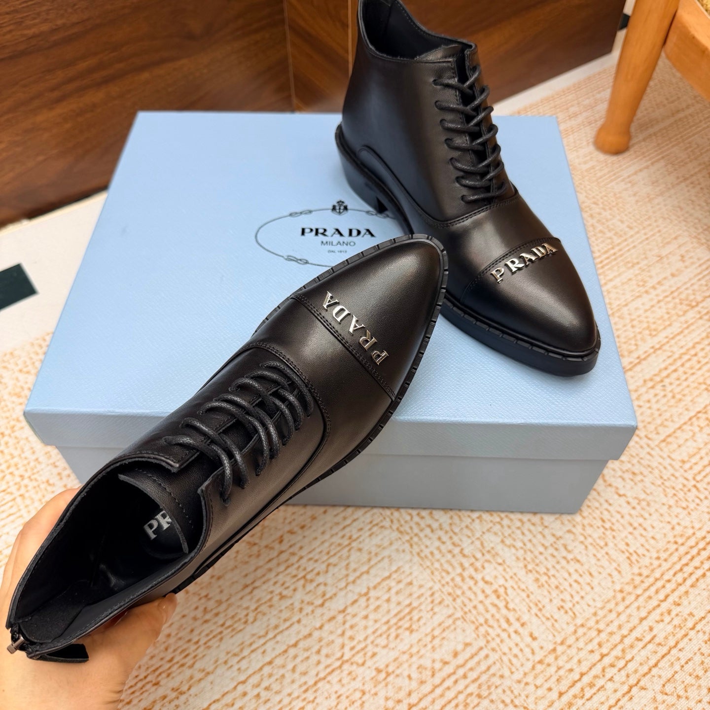 Prada 26s Pointed-Toe Derby Shoes Black Leather 974554