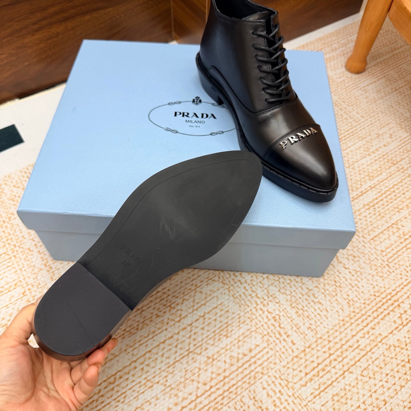 Prada 26s Pointed-Toe Derby Shoes Black Leather 974554
