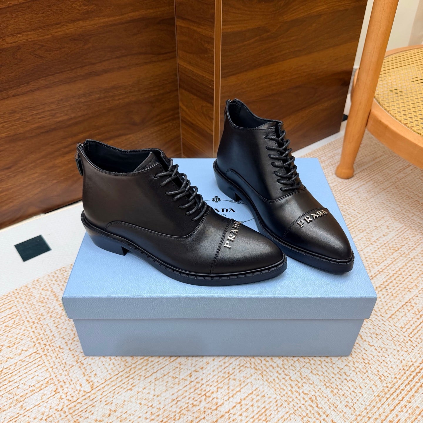 Prada 26s Pointed-Toe Derby Shoes Black Leather 974554