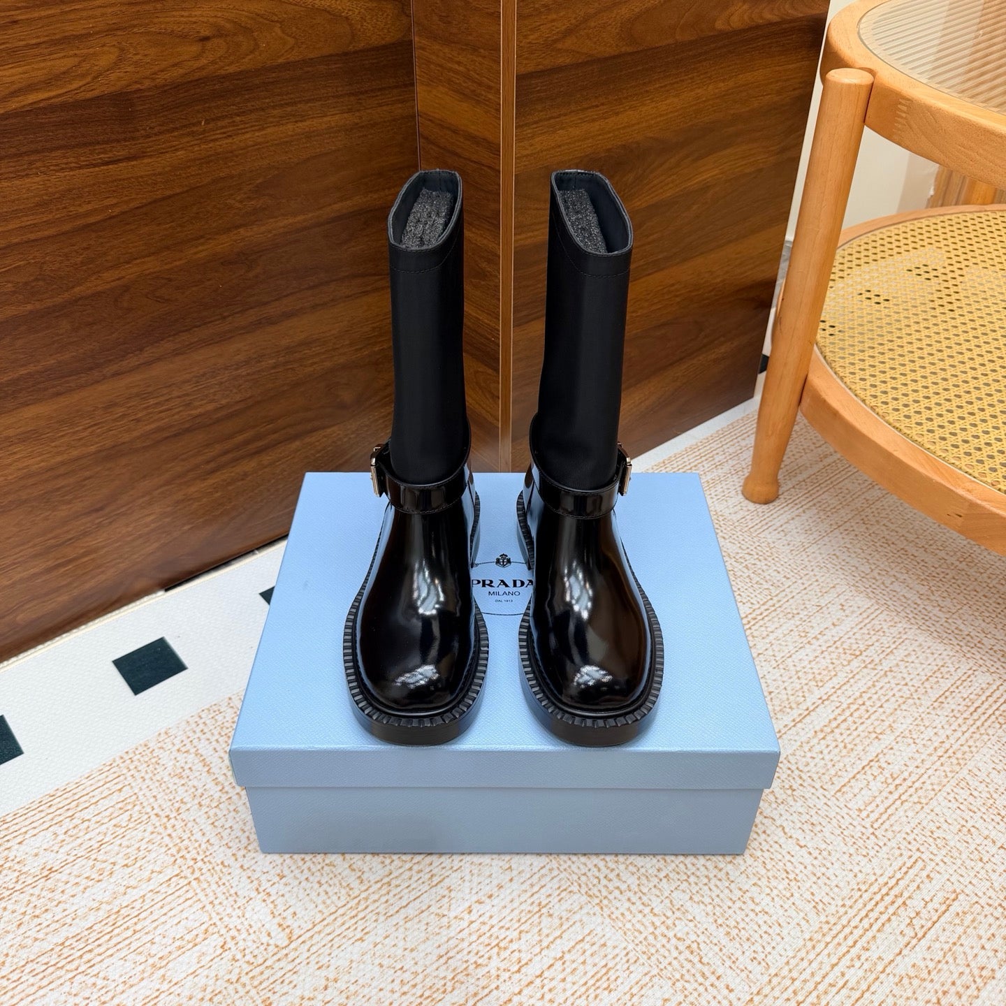 Prada 26s Ankle Riding Boots Black Re-Nylon Leather 974555
