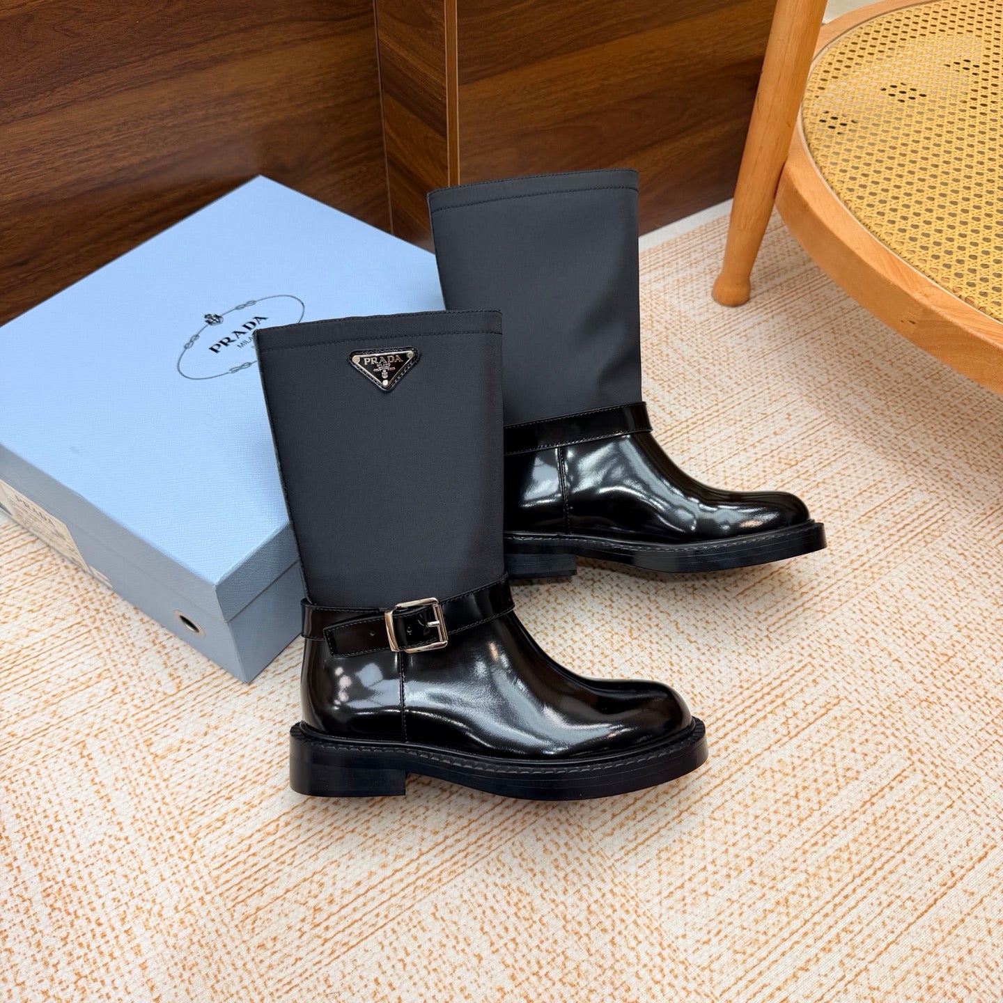 Prada 26s Ankle Riding Boots Black Re-Nylon Leather 974555