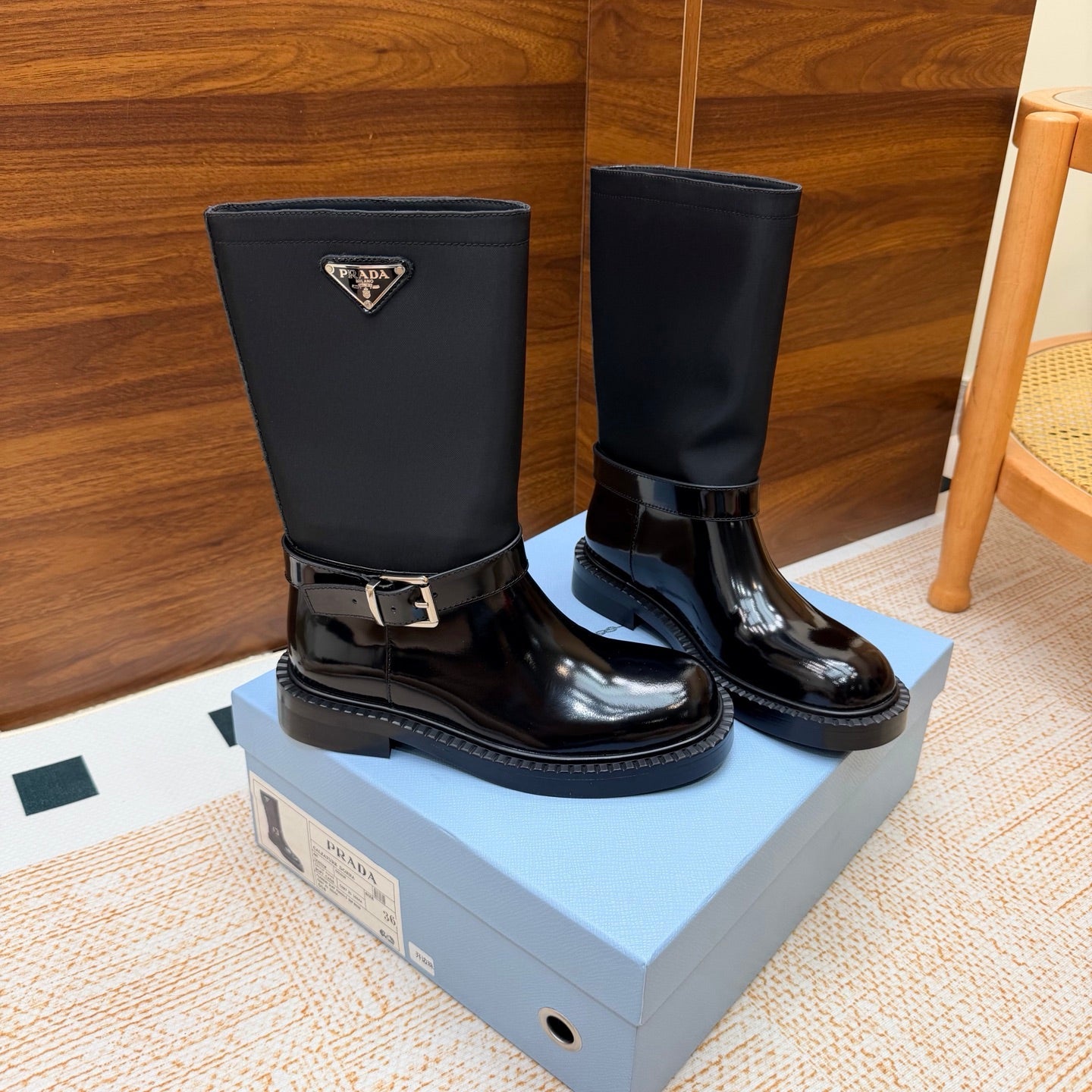 Prada 26s Ankle Riding Boots Black Re-Nylon Leather 974555