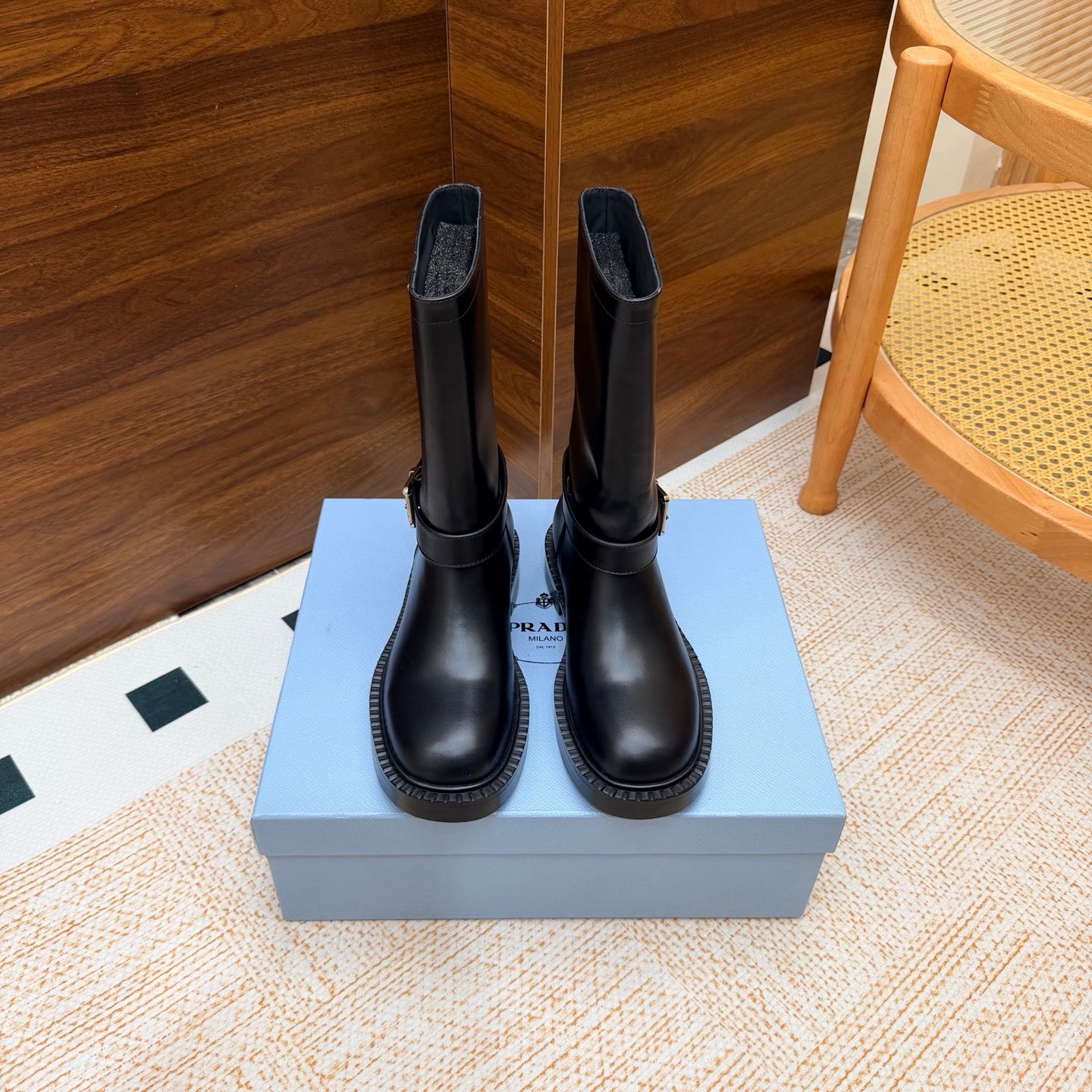 Prada 26s Ankle Riding Boots Black Leather 974556