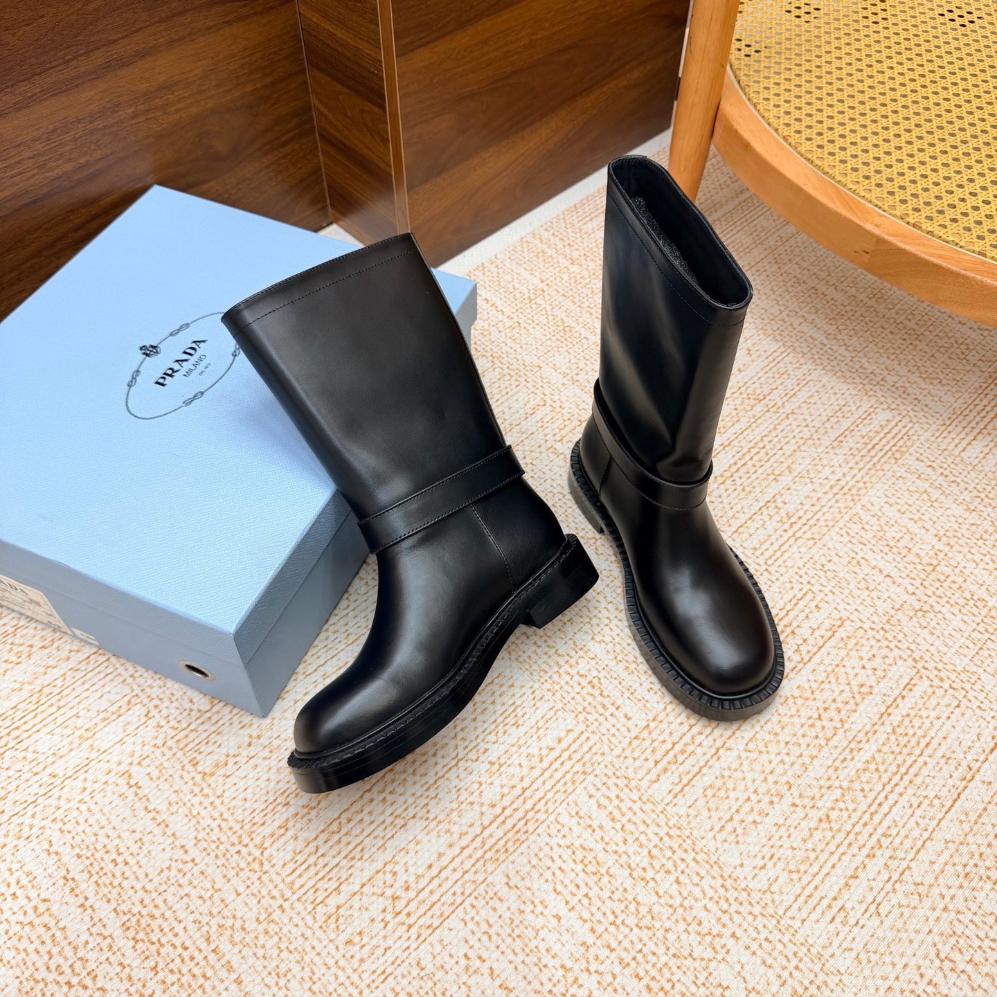 Prada 26s Ankle Riding Boots Black Leather 974556