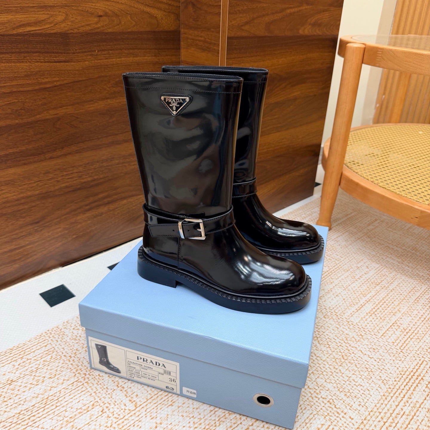 Prada 26s Ankle Riding Boots Black Glossy Leather 974557