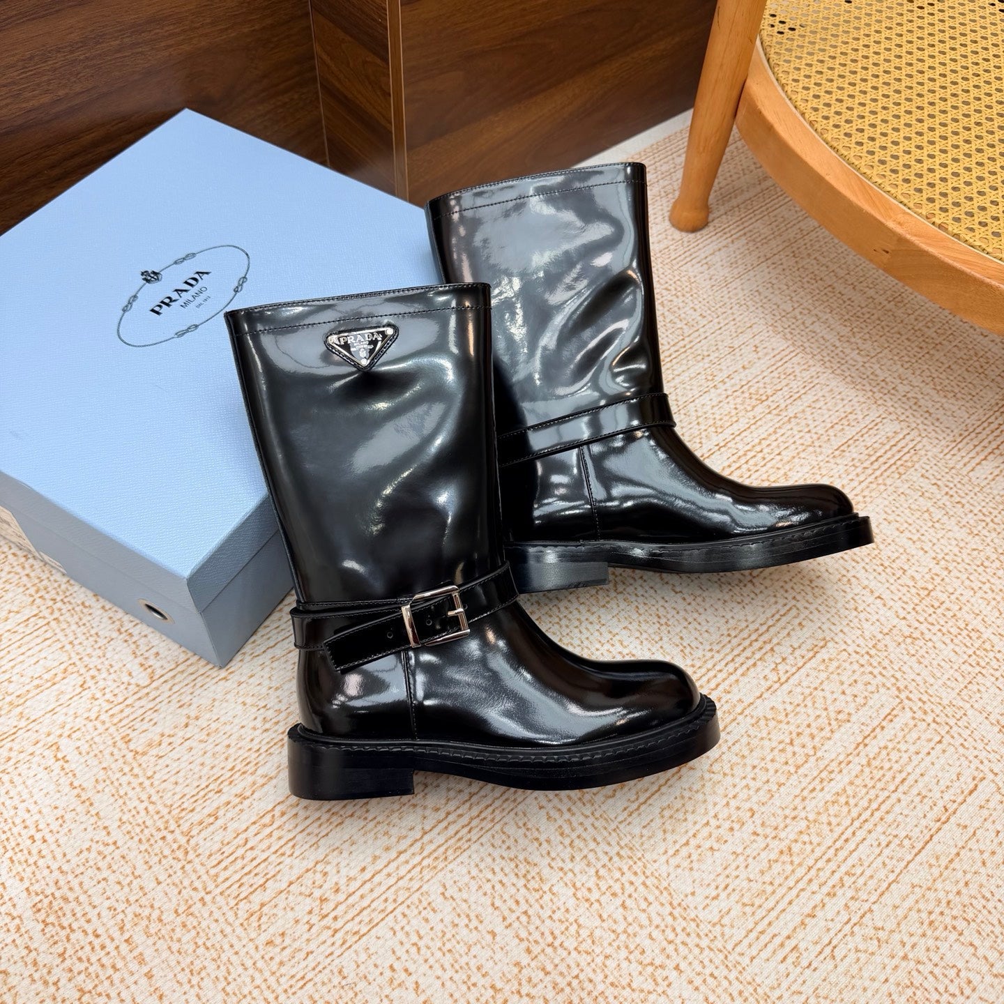 Prada 26s Ankle Riding Boots Black Glossy Leather 974557