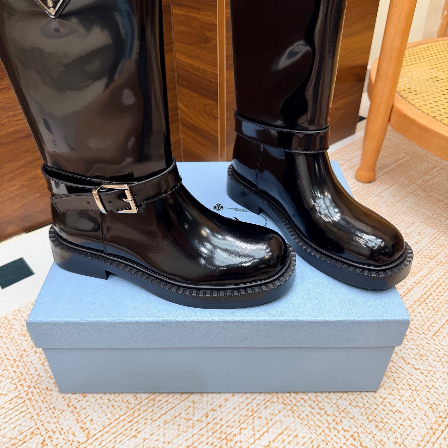 Prada 26s Ankle Riding Boots Black Glossy Leather 974557