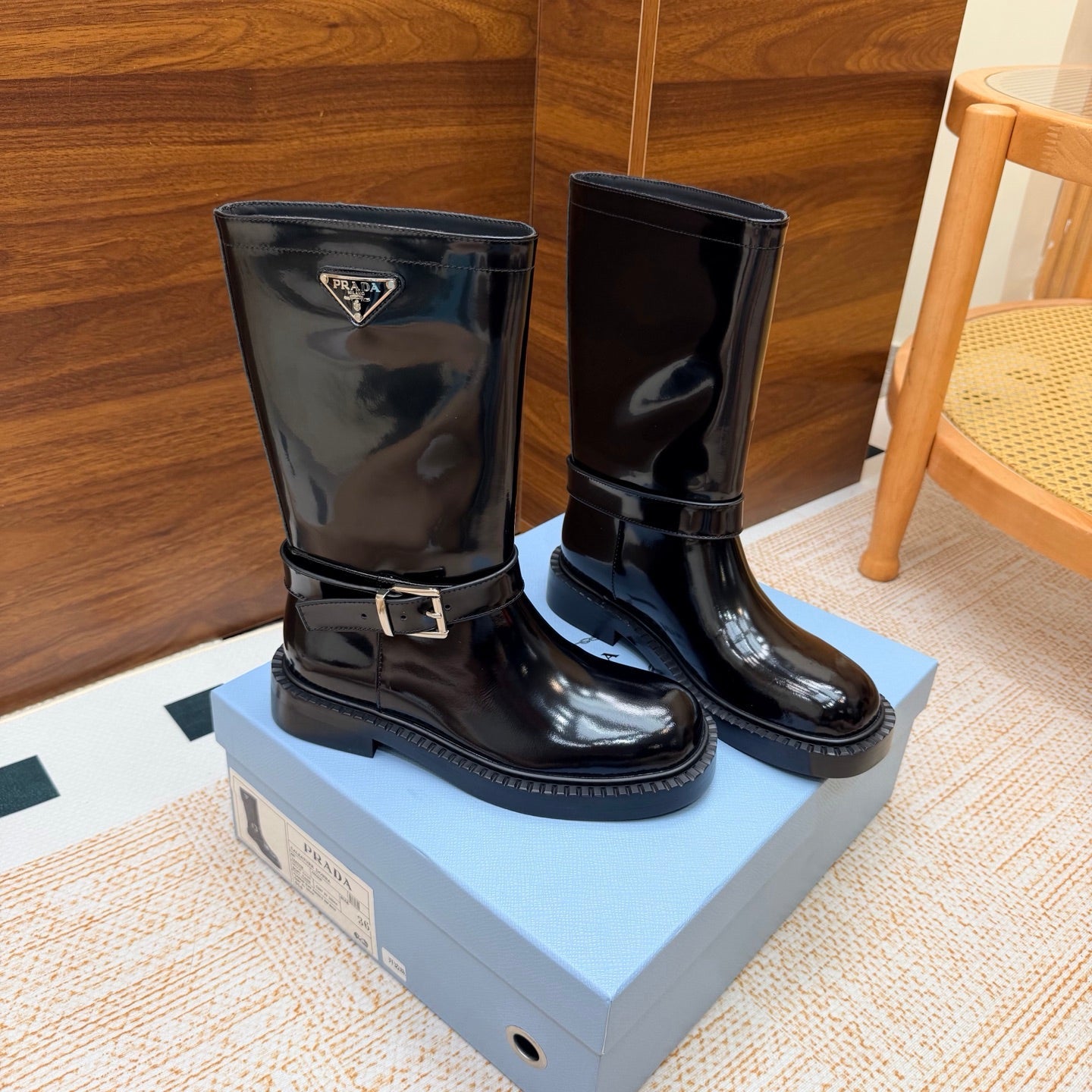 Prada 26s Ankle Riding Boots Black Glossy Leather 974557