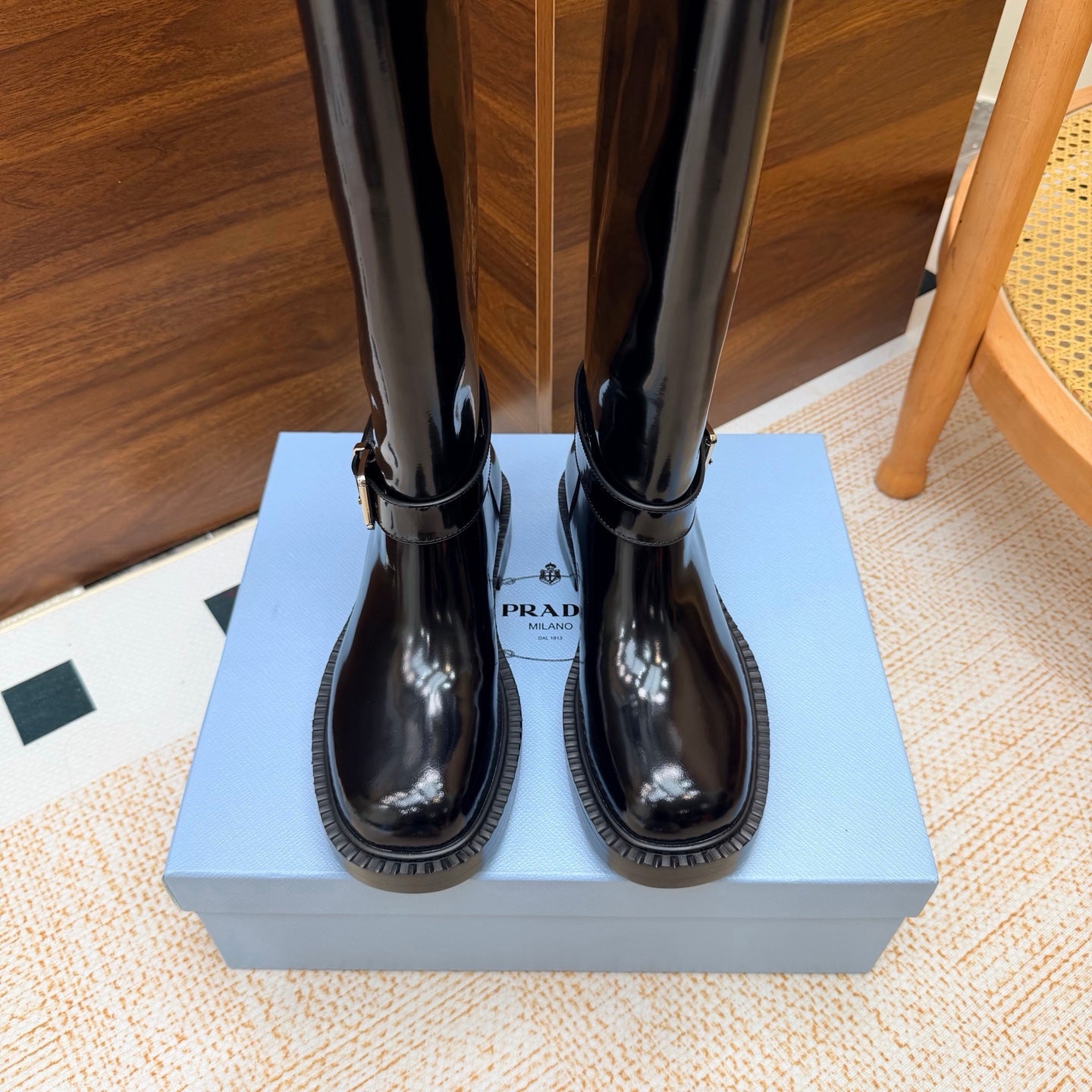 Prada 26s Knee-High Riding Boots Black Glossy Leather 974560