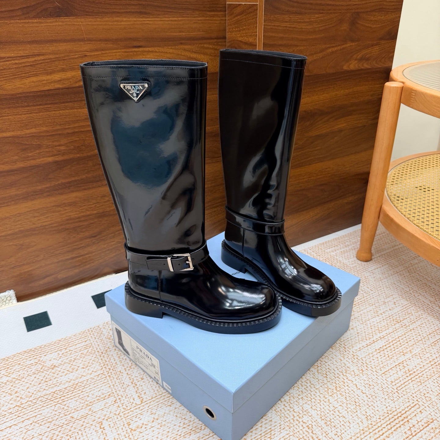 Prada 26s Knee-High Riding Boots Black Glossy Leather 974560