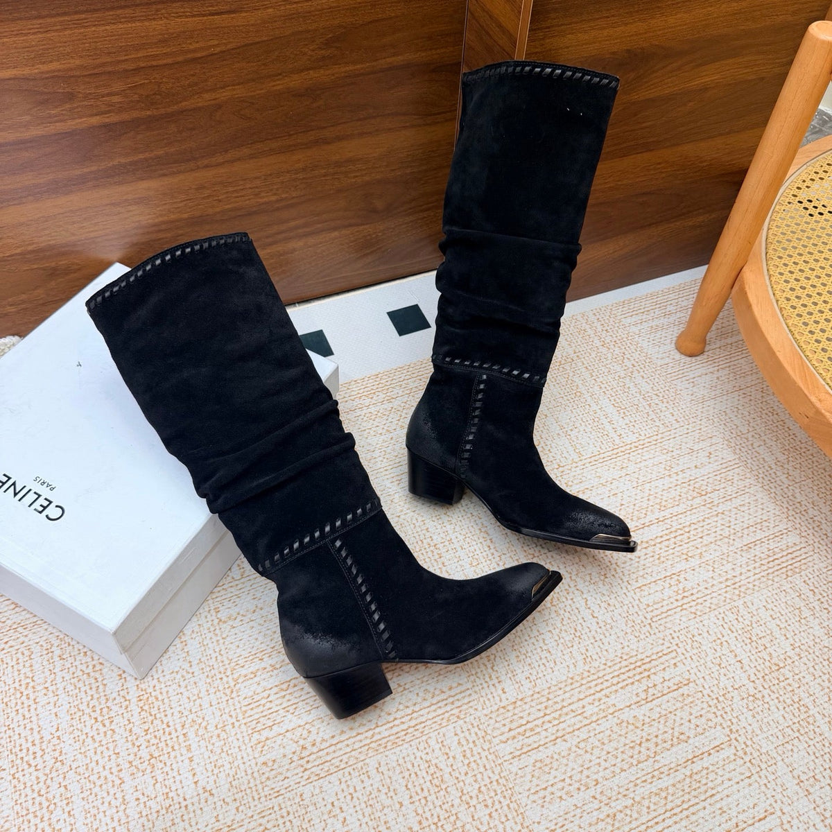 CE 26s Slouch Knee-High Boots 5cm Black Suede 131455