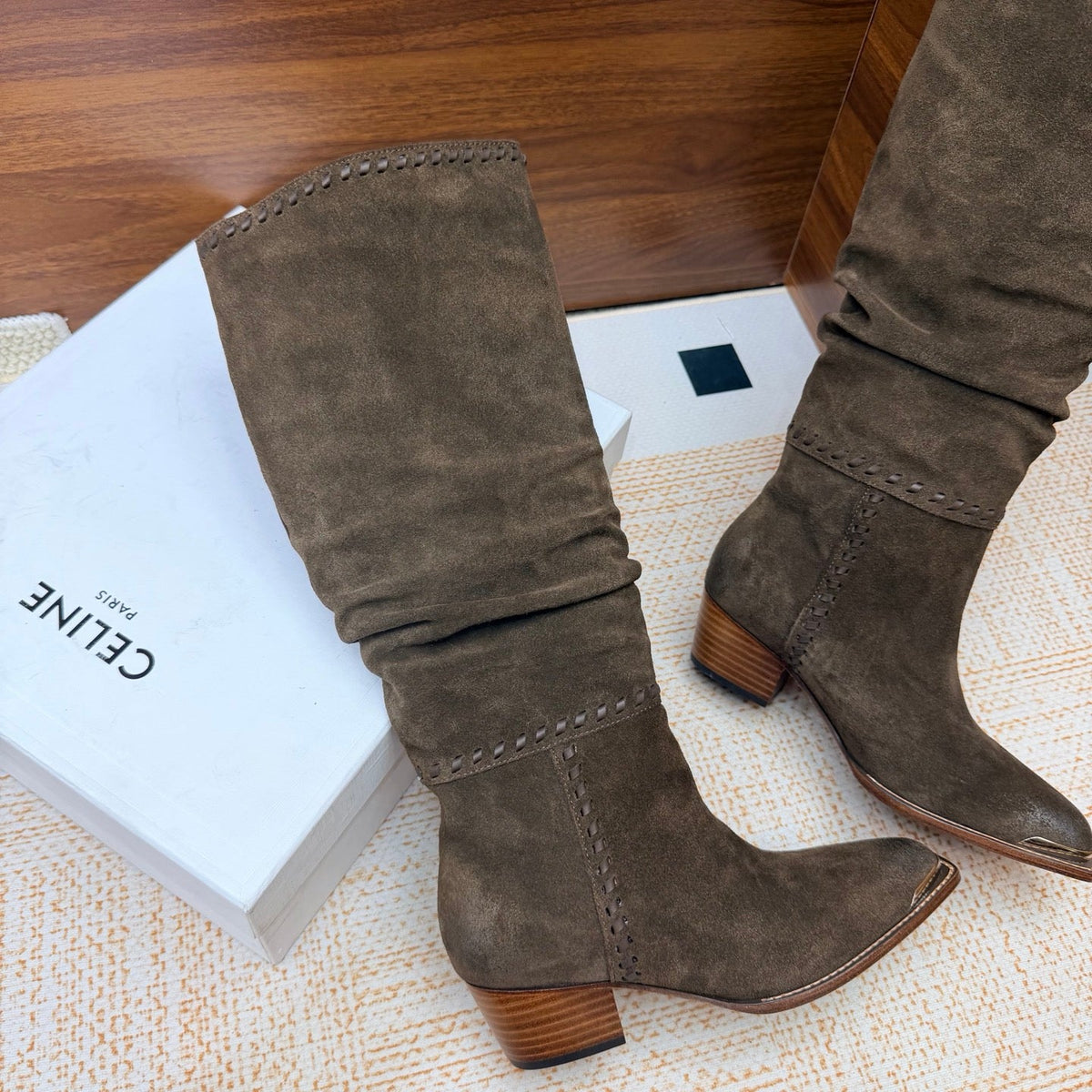 CE 26s Slouch Knee-High Boots 5cm Dark Khaki Suede 131456