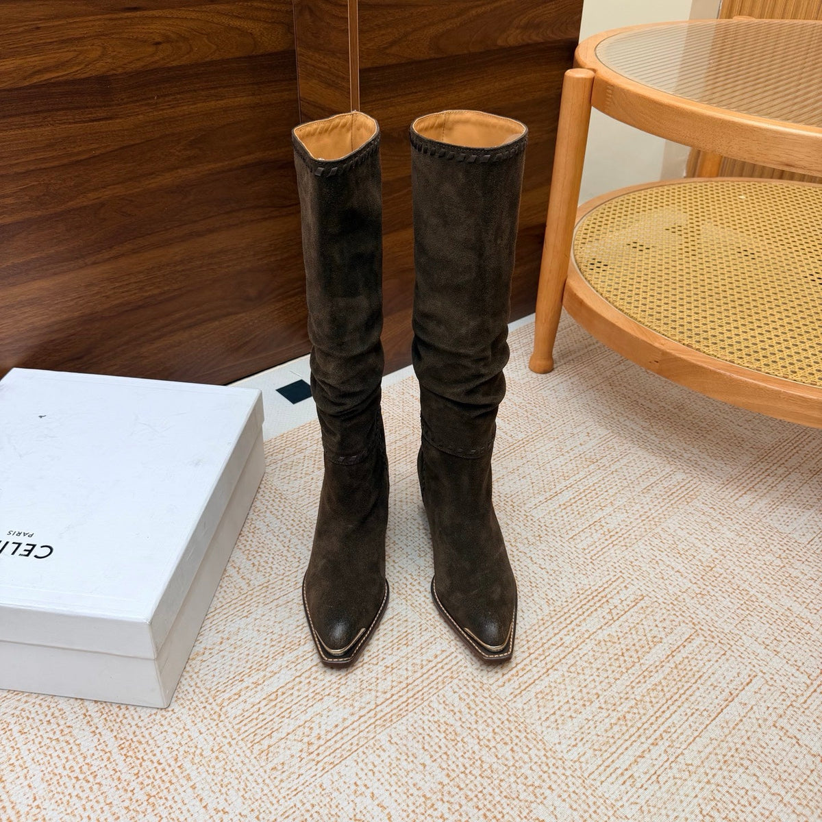 CE 26s Slouch Knee-High Boots 5cm Dark Khaki Suede 131456
