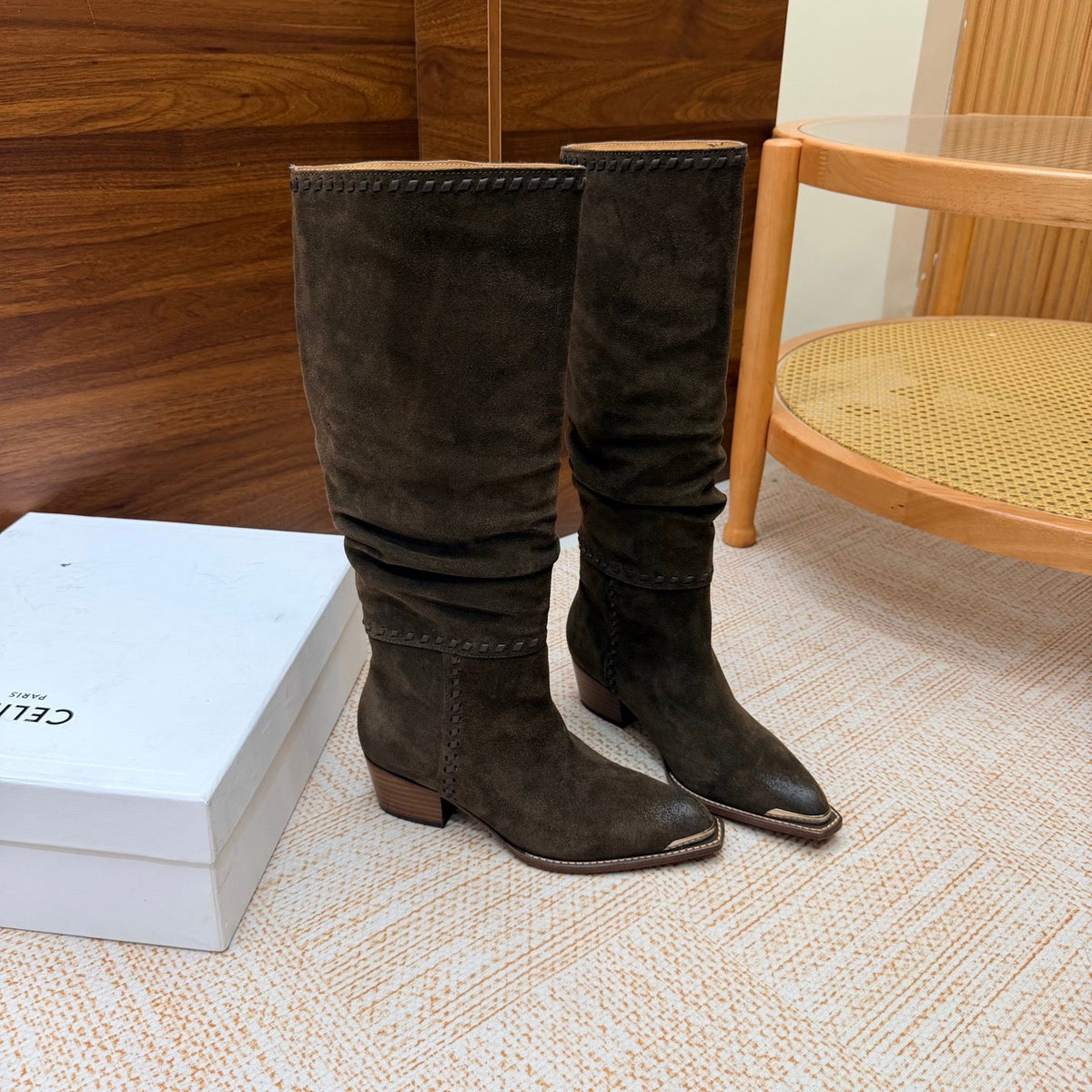CE 26s Slouch Knee-High Boots 5cm Dark Khaki Suede 131456