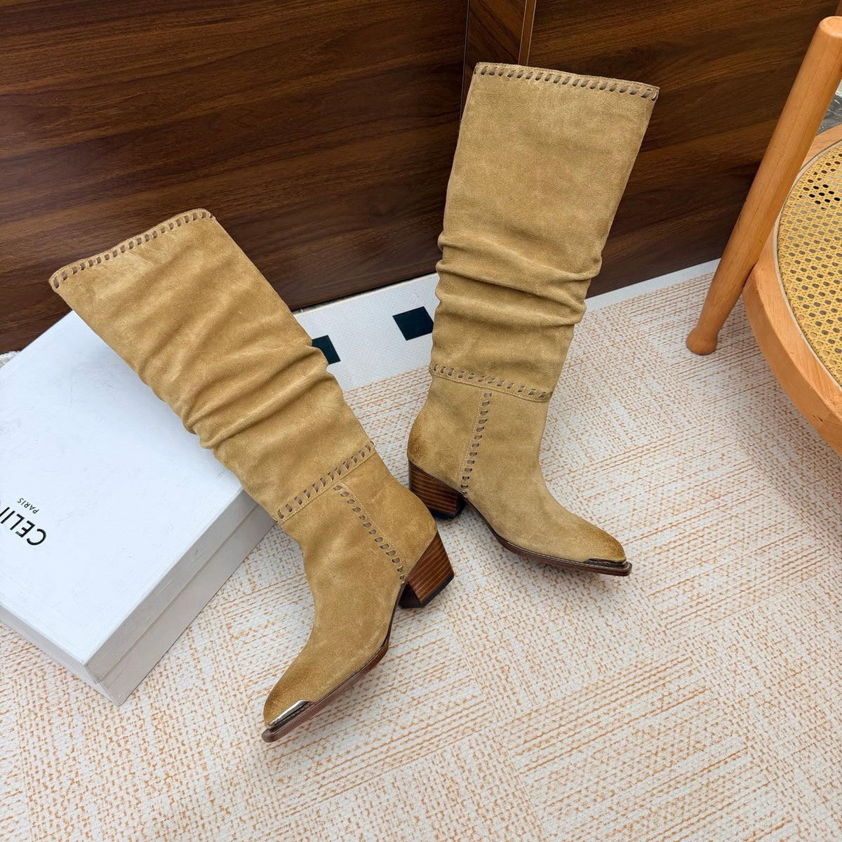 CE 26s Slouch Knee-High Boots 5cm Beige Suede 131457