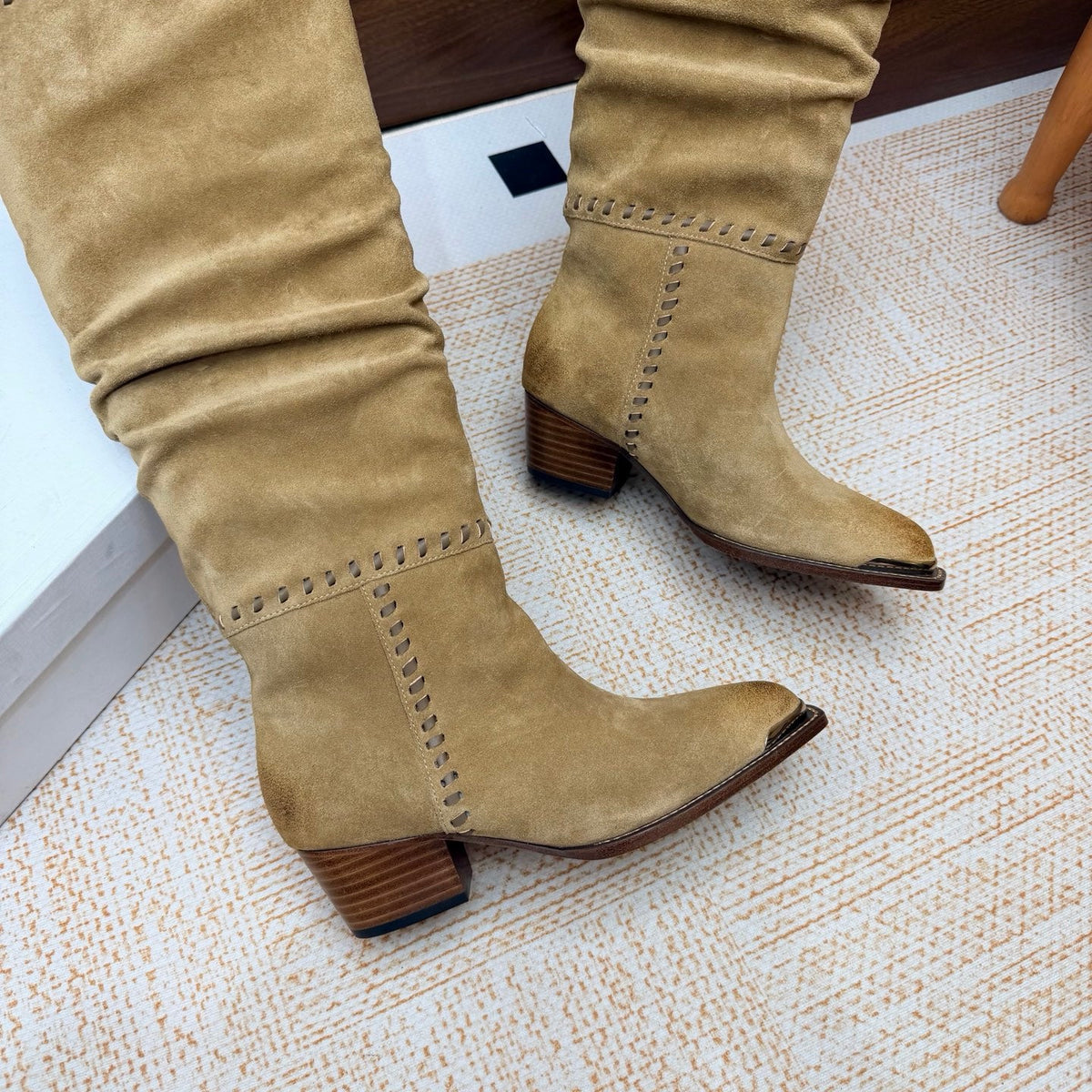 CE 26s Slouch Knee-High Boots 5cm Beige Suede 131457