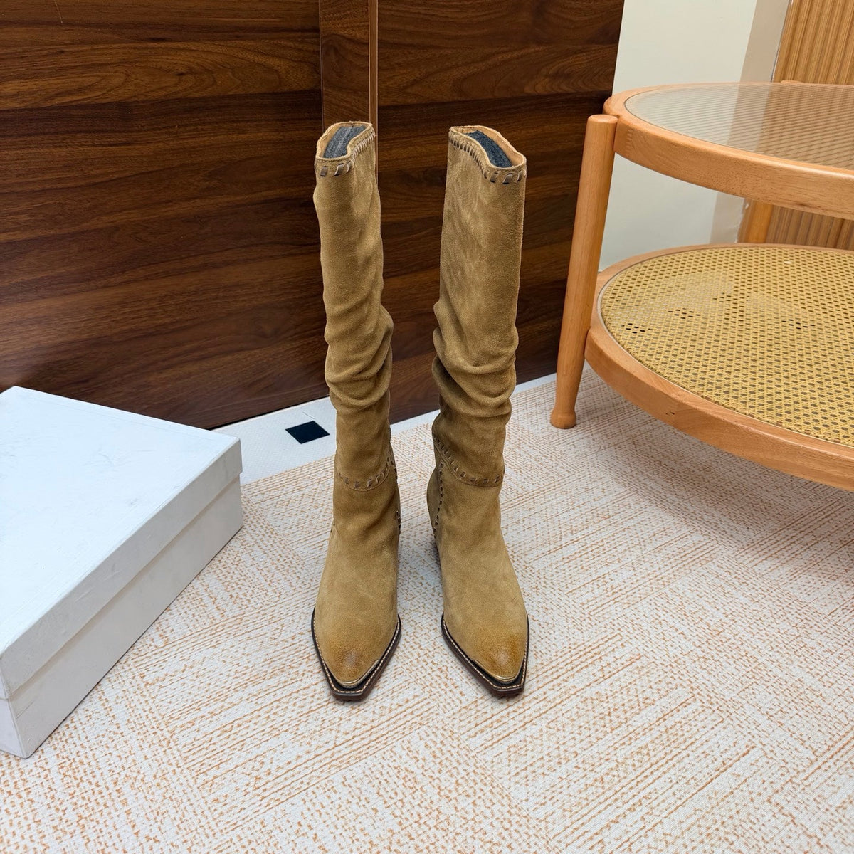 CE 26s Slouch Knee-High Boots 5cm Beige Suede 131457