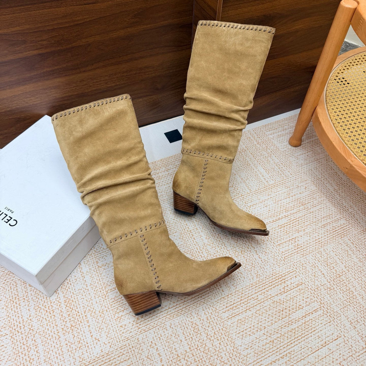 CE 26s Slouch Knee-High Boots 5cm Beige Suede 131457