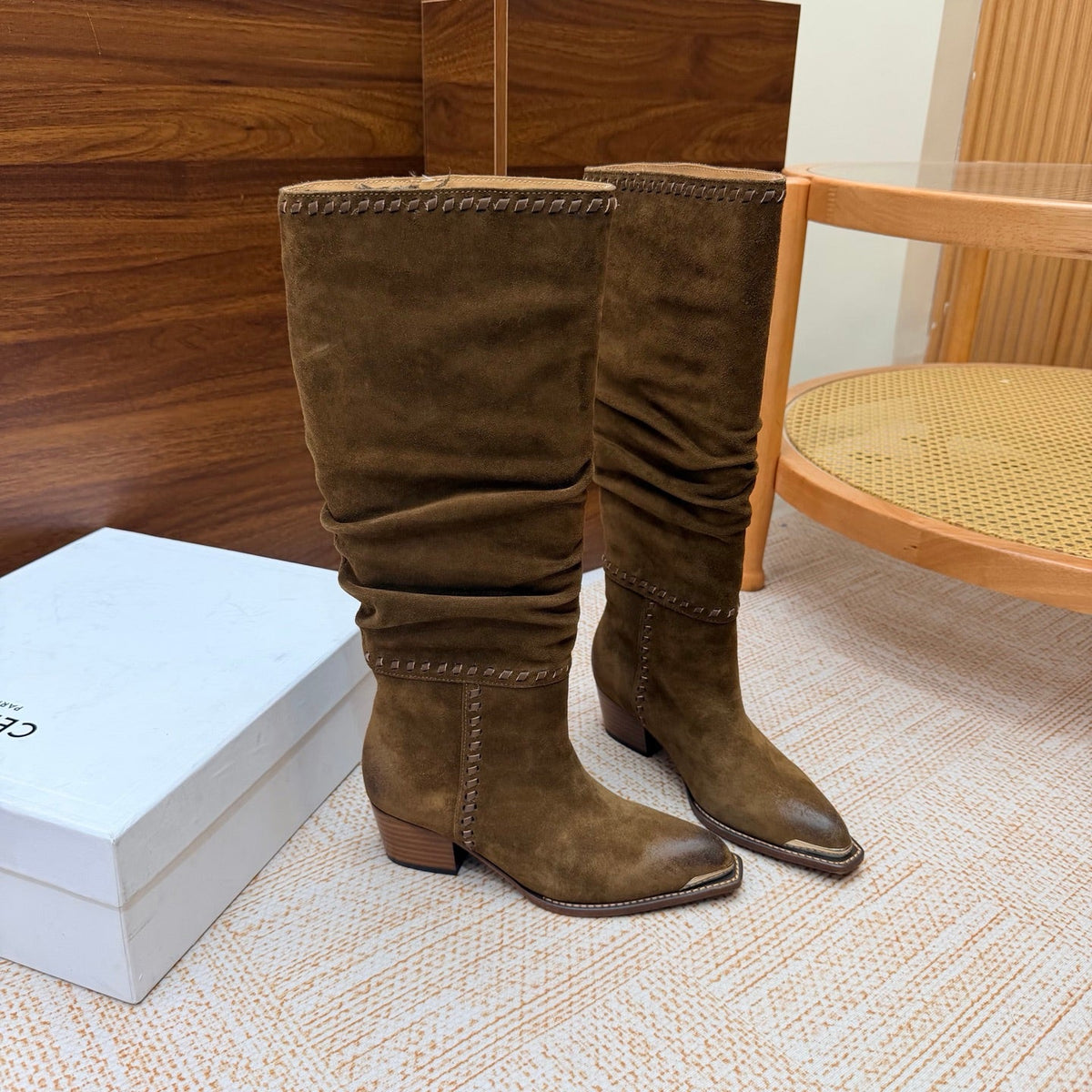 CE 26s Slouch Knee-High Boots 5cm Khaki Suede 131458