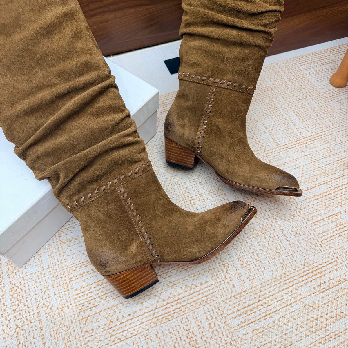 CE 26s Slouch Knee-High Boots 5cm Khaki Suede 131458