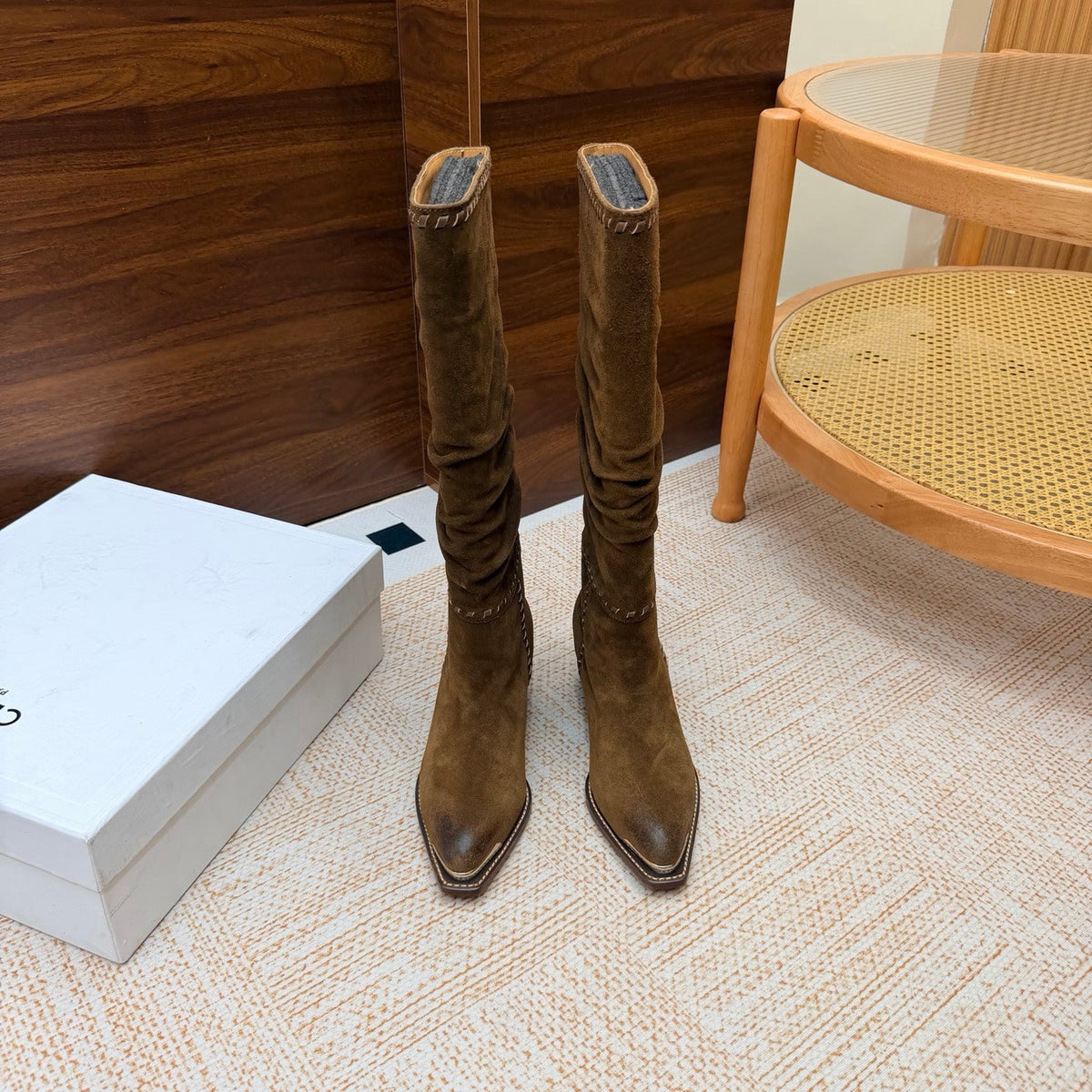 CE 26s Slouch Knee-High Boots 5cm Khaki Suede 131458