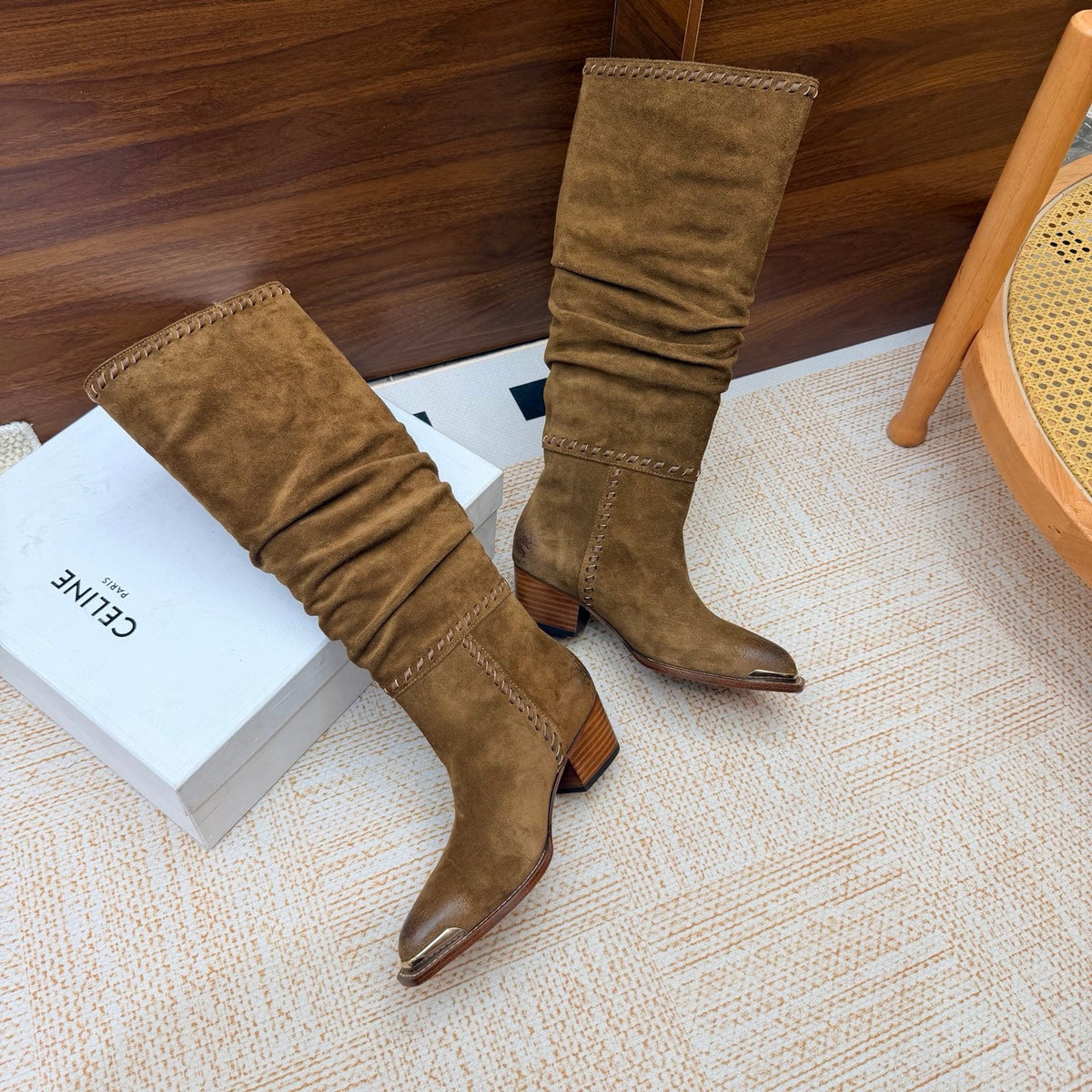 CE 26s Slouch Knee-High Boots 5cm Khaki Suede 131458