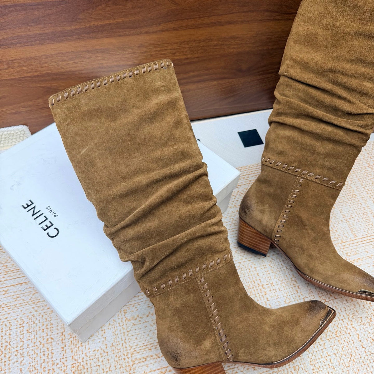 CE 26s Slouch Knee-High Boots 5cm Khaki Suede 131458