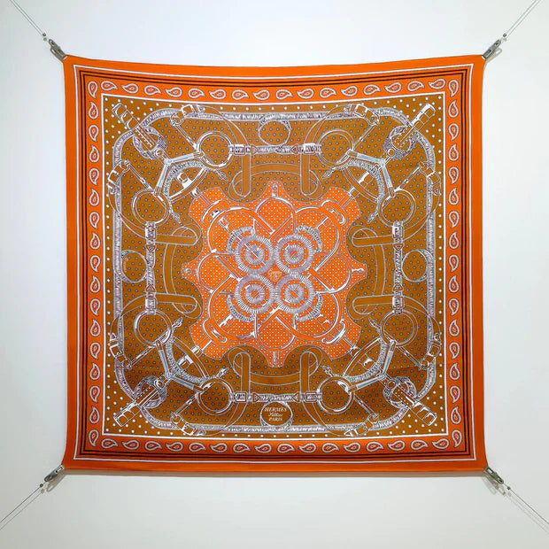 HM 26s Horse Scarf 90 Orange Colorful Cashmere Silk 138044