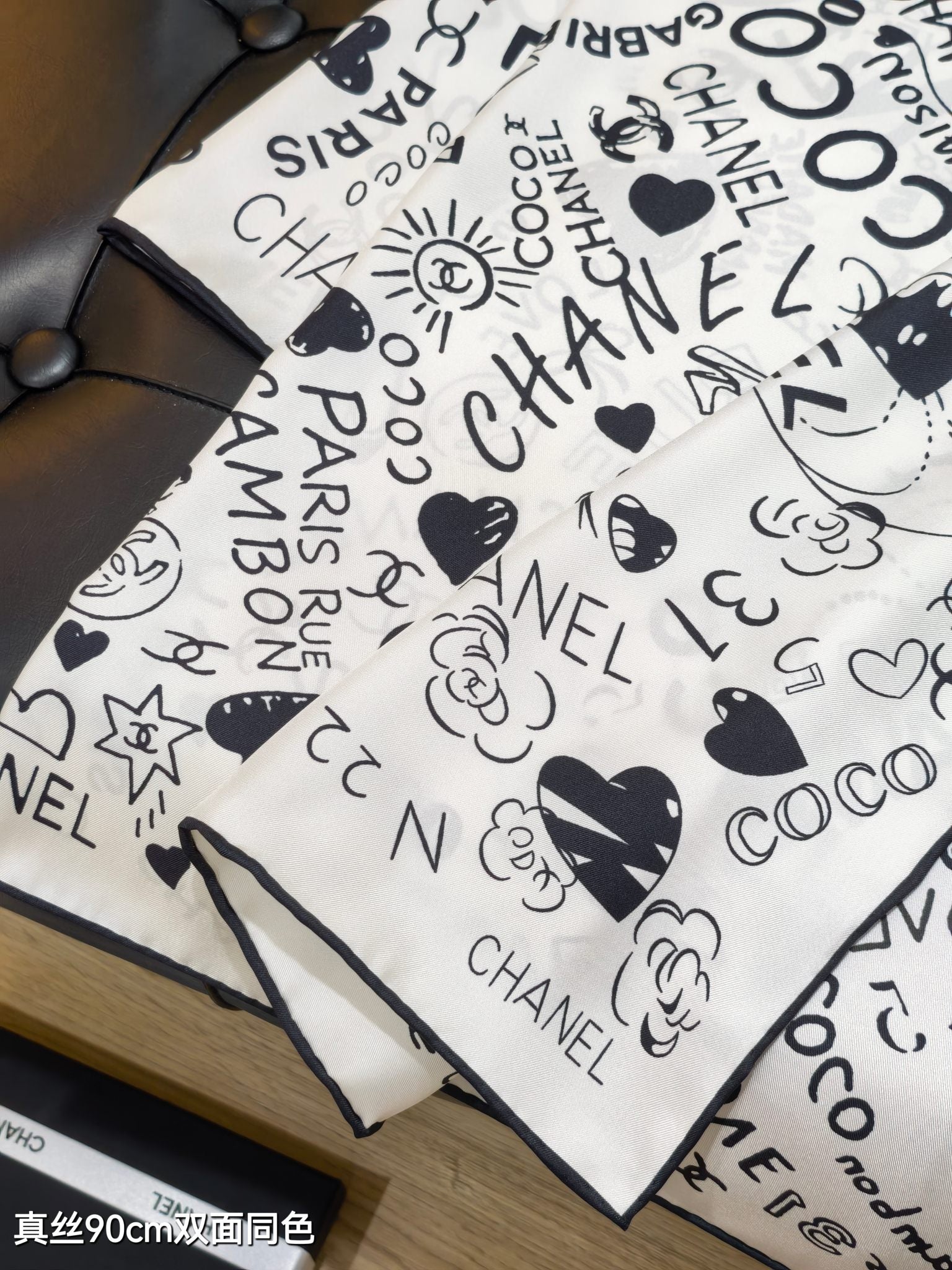 CC Love Coco Scarf 90x90 Black White Twill Silk 212055