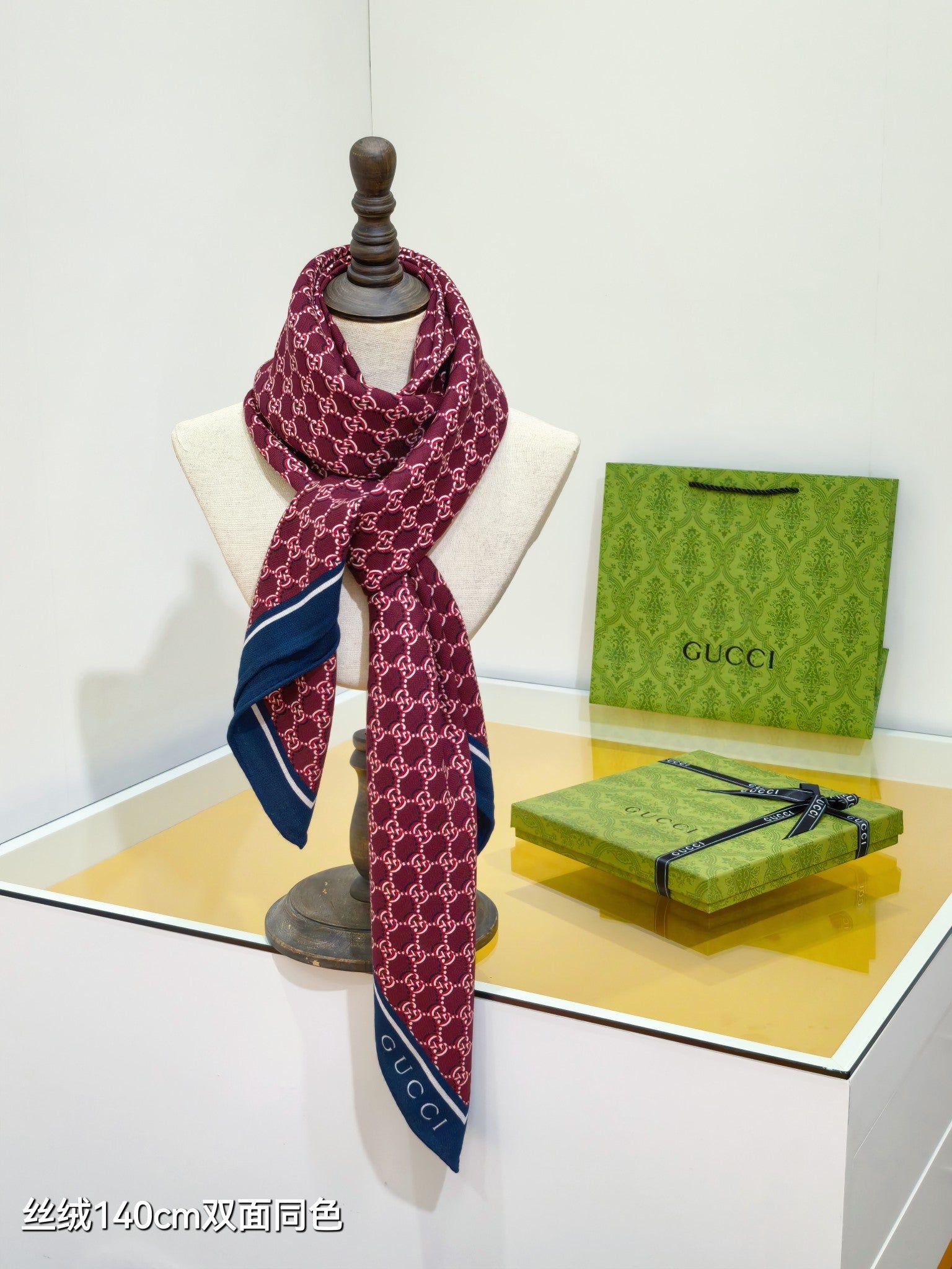 GG Shadow-Print Silk Scarf 140 Burgundy Blue Cashmere Silk 145778