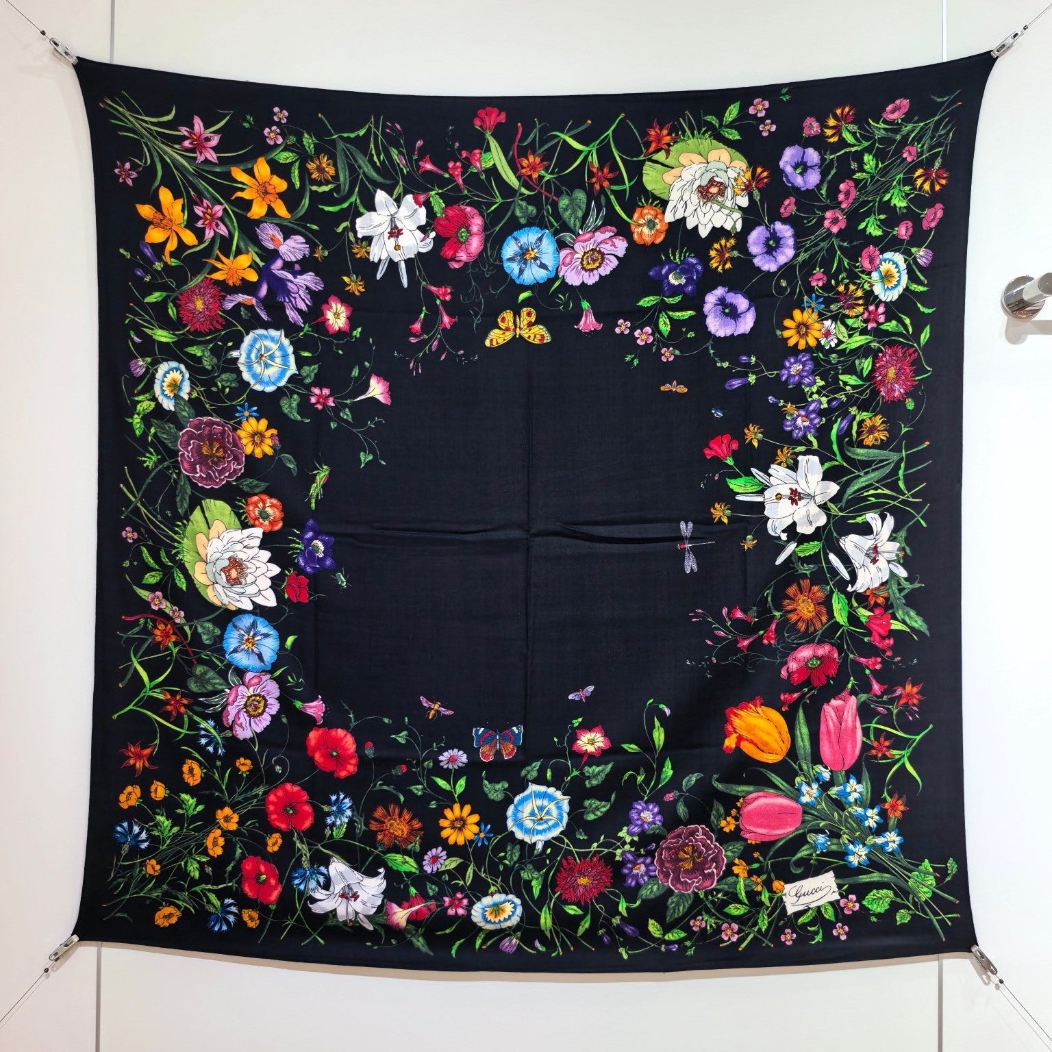 GG Flora-print Carré Scarf 140 Black Silk Cashmere 145779