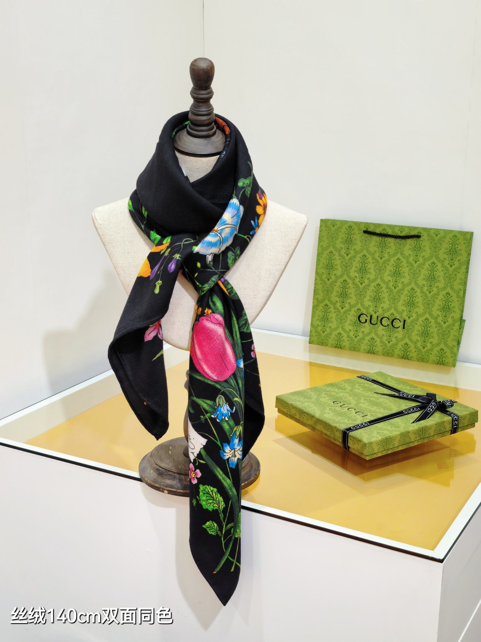 GG Flora-print Carré Scarf 140 Black Silk Cashmere 145779