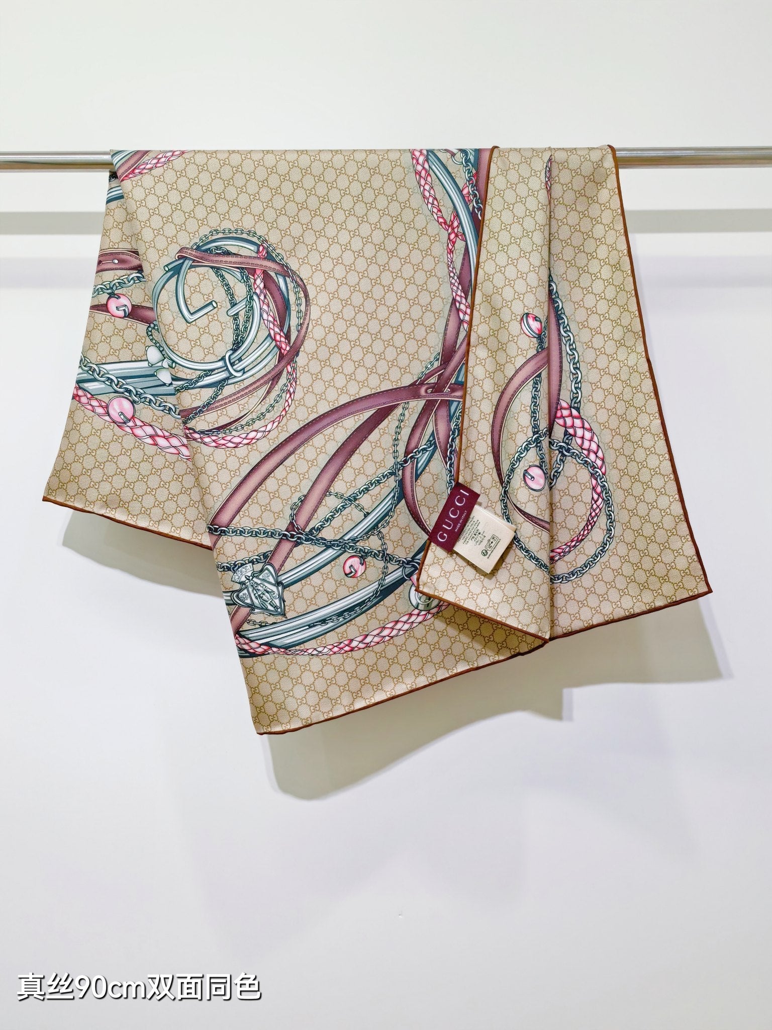 GG Scarf 90x90 Beige Colorful Twill Silk 219481