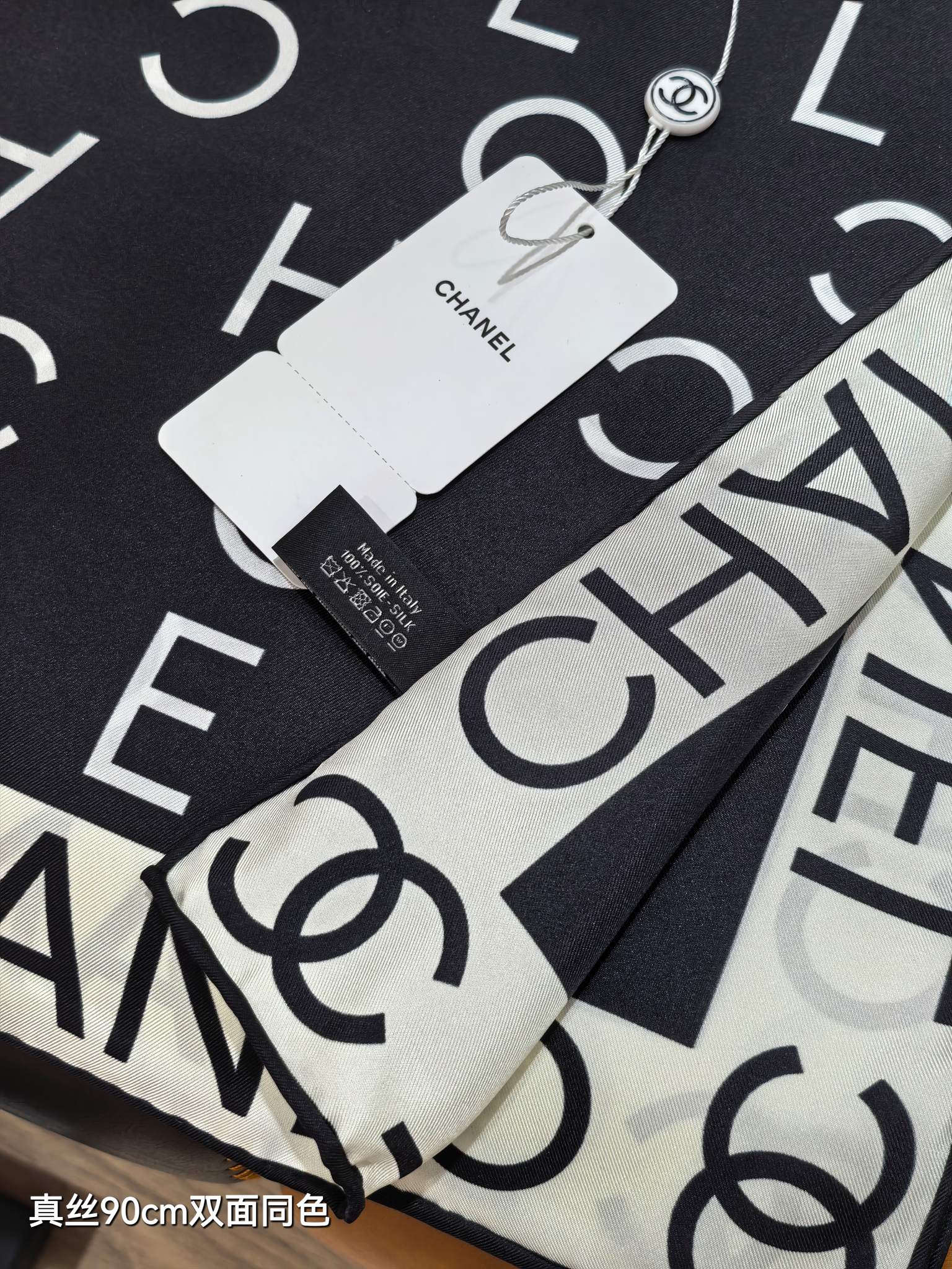 CC Monogram Scarf 90x90 Black White Colorful Twill Silk 219469