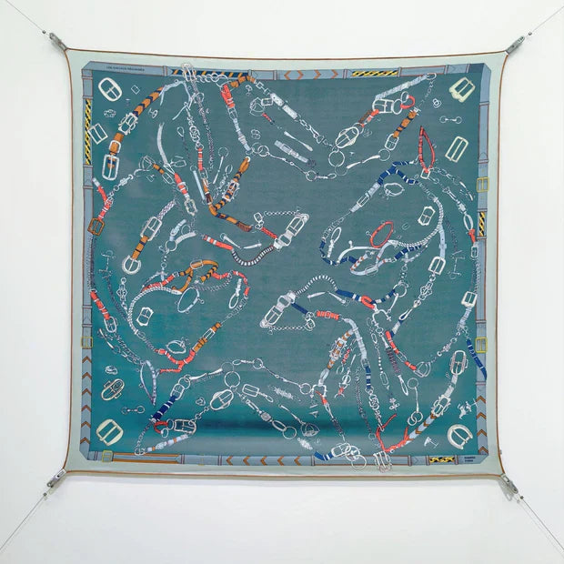 HM 26ss Sweet Saddle Scarf 90 Blue Colorful Twill Silk 132421