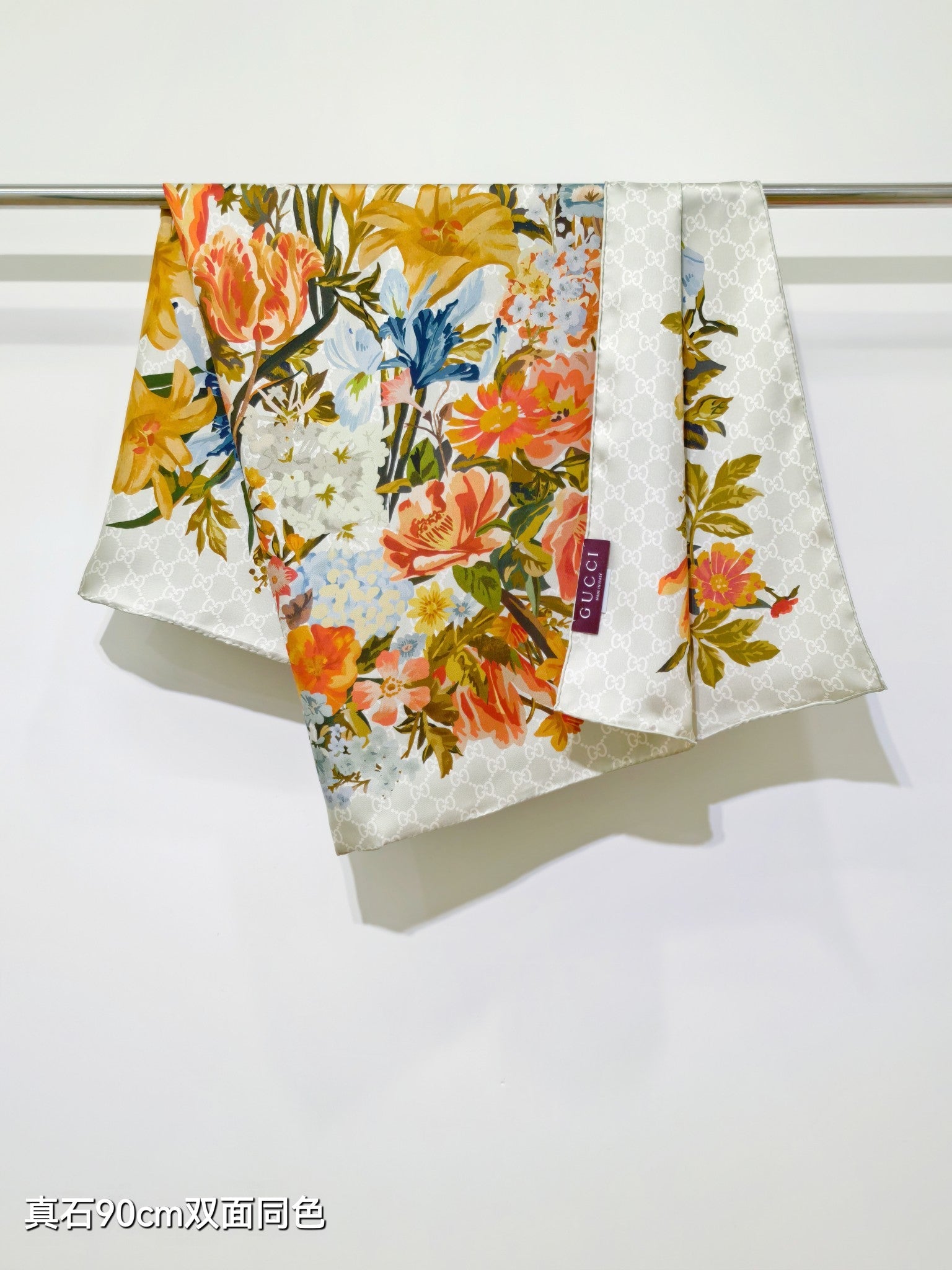 GG Floral Scarf 90x90cm White Colorful Silk Twill 209976