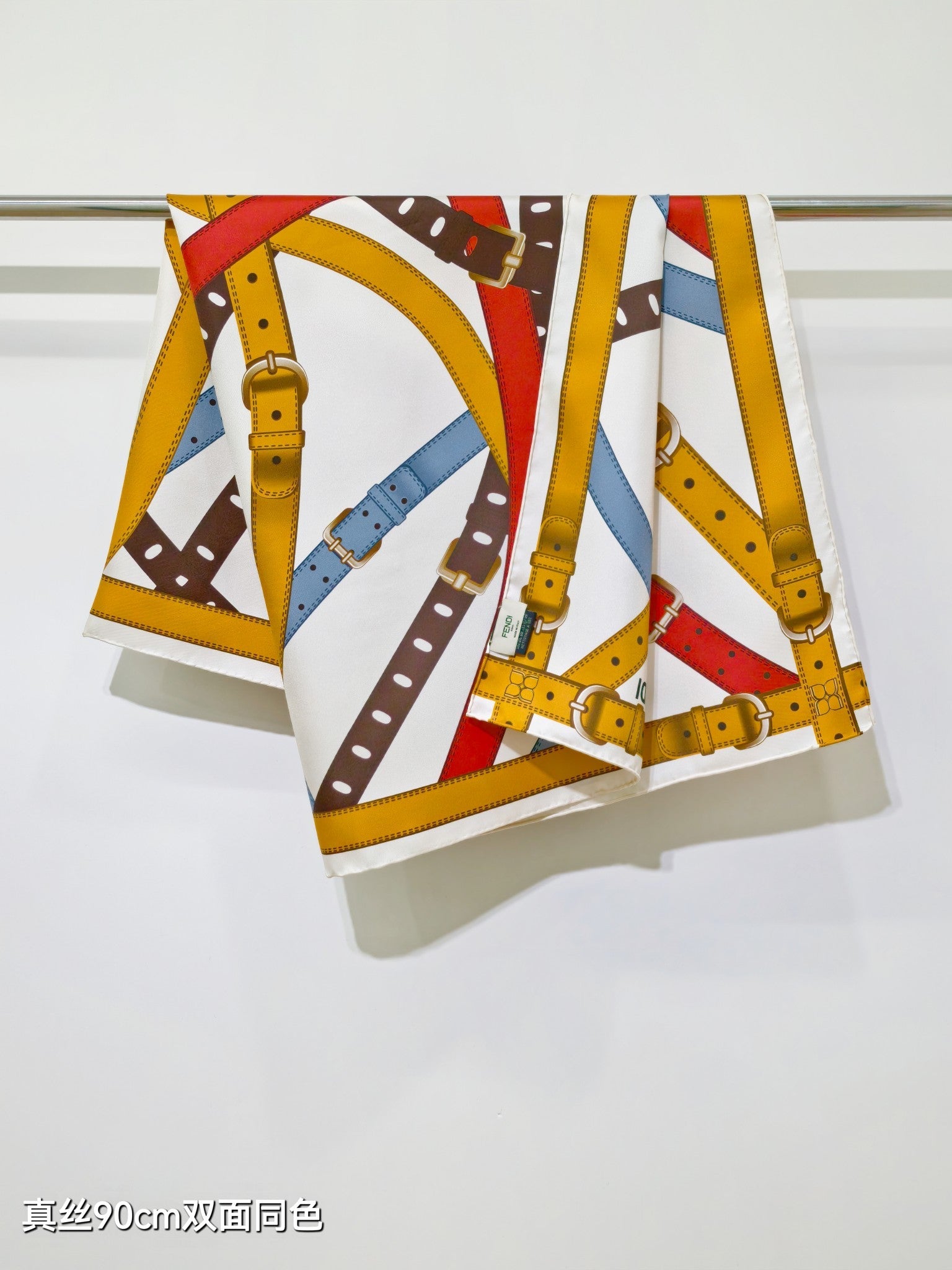 Fendi Belt Print Scarf 90x90 White Colorful Twill Silk 212054