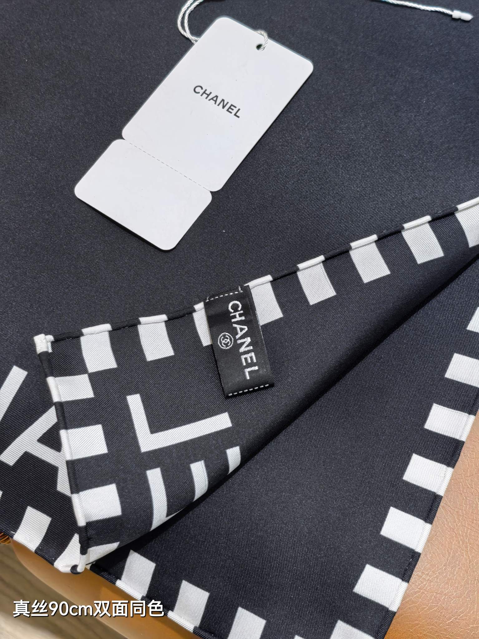 CC Double-sided  Scarf 90cm Black Twill Silk 173969