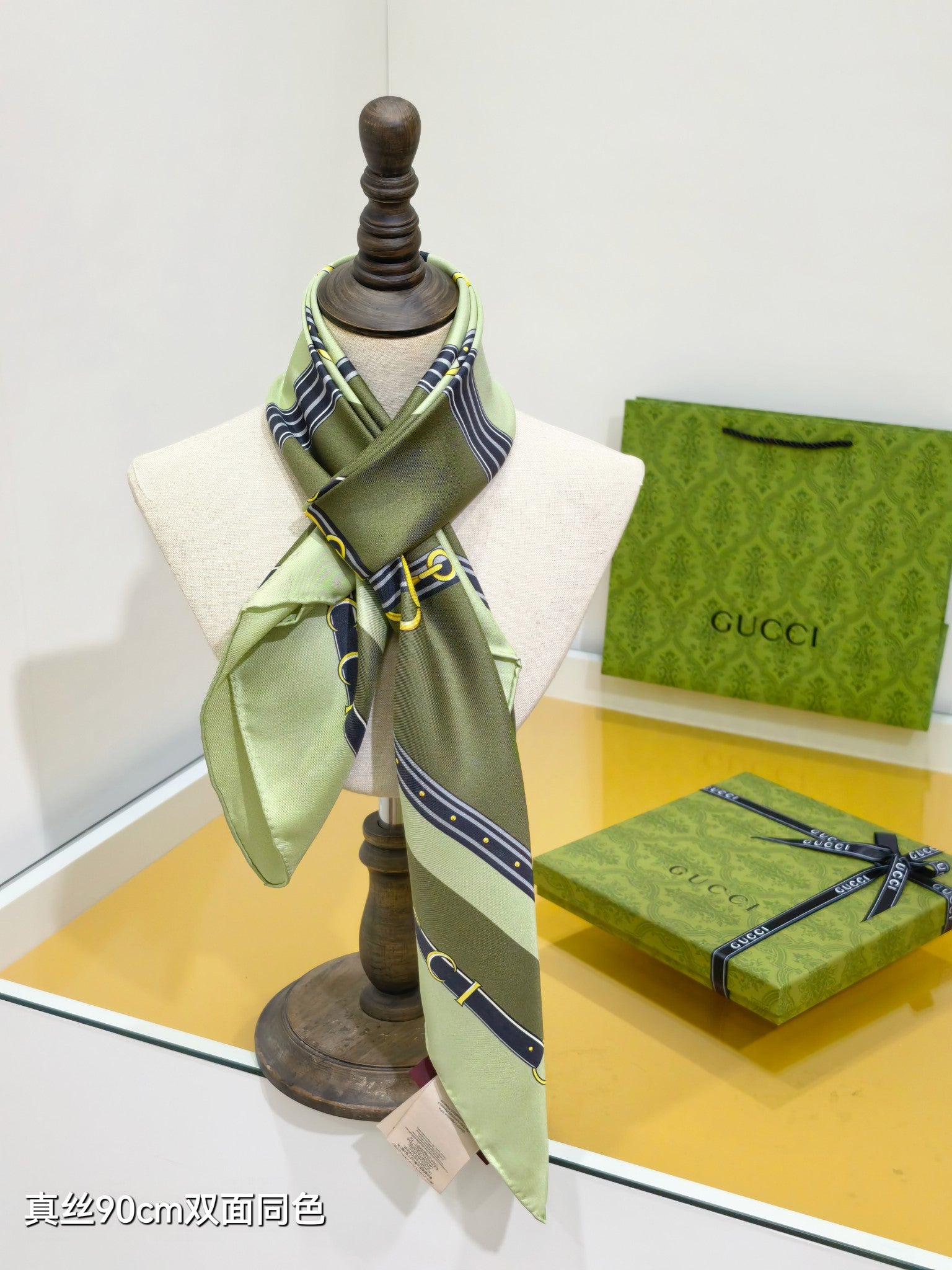 GG Double-Sided 90x90cm Olive Green Colorful Twill Silk 194450